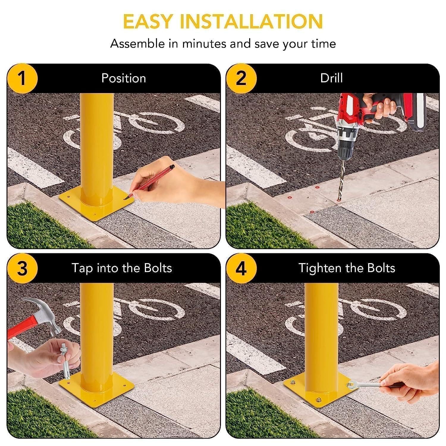 Safety Bollard, 4 Packs 36 Inch Height Bollard Post, 4.5 Inch Diameter, Yellow