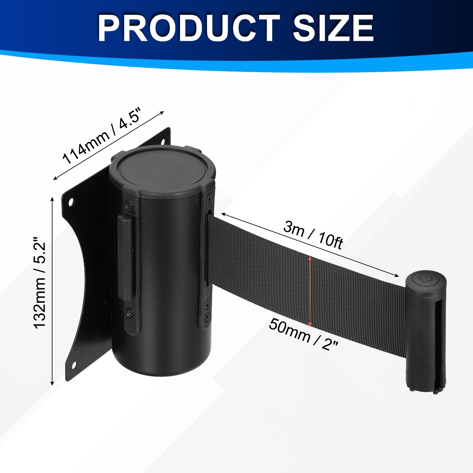 Fixed Wall Mount Retractable Belt Barriers (10 Feet, Black) (1 Pcs)