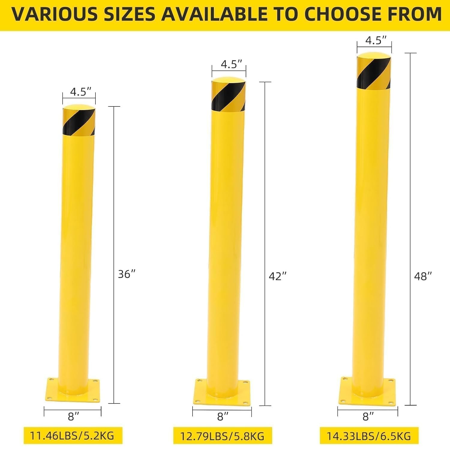 1/2/4/6 PCS Safety Bollard 42″ High Q235 Steel Post Yellow Pipe Bar
