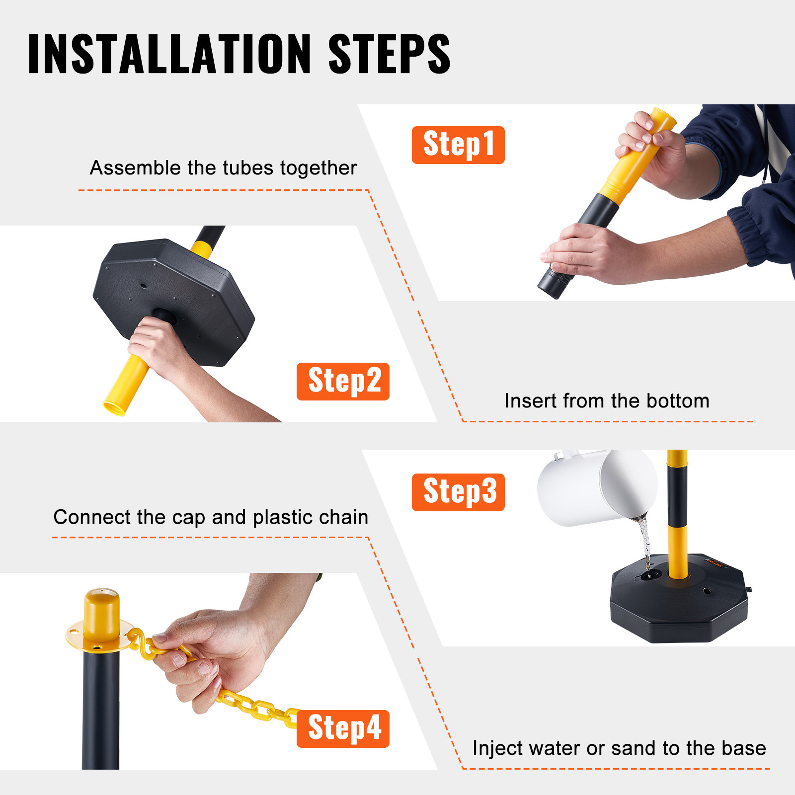 VEVOR 4PCs Traffic Delineator Post Cones with Fillable Base 8FT Chain Adjustable