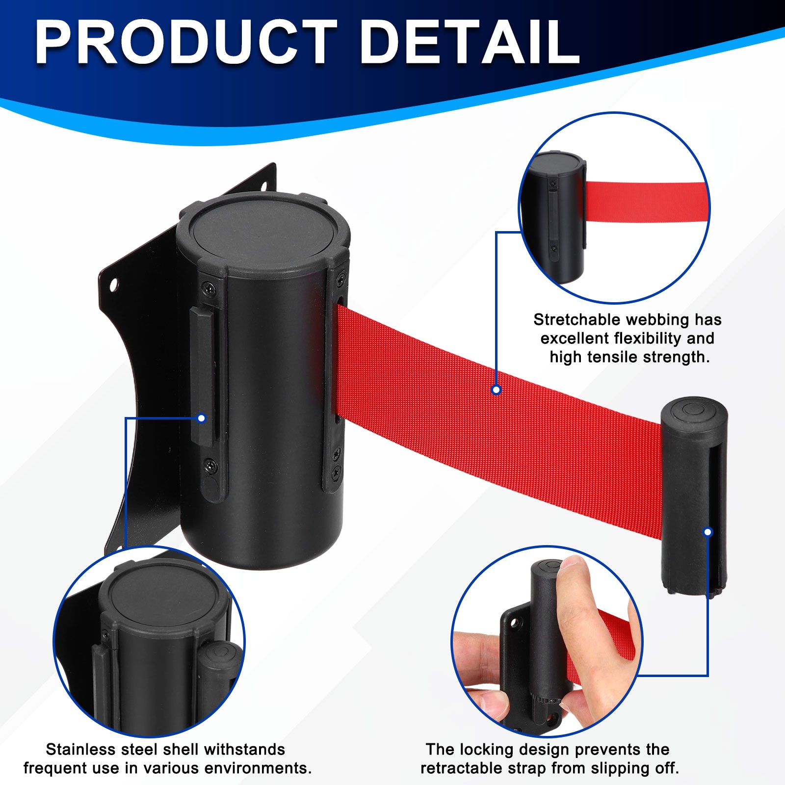 Fixed Wall Mount Retractable Belt Barriers (10 Feet, Red) (1 Pcs)