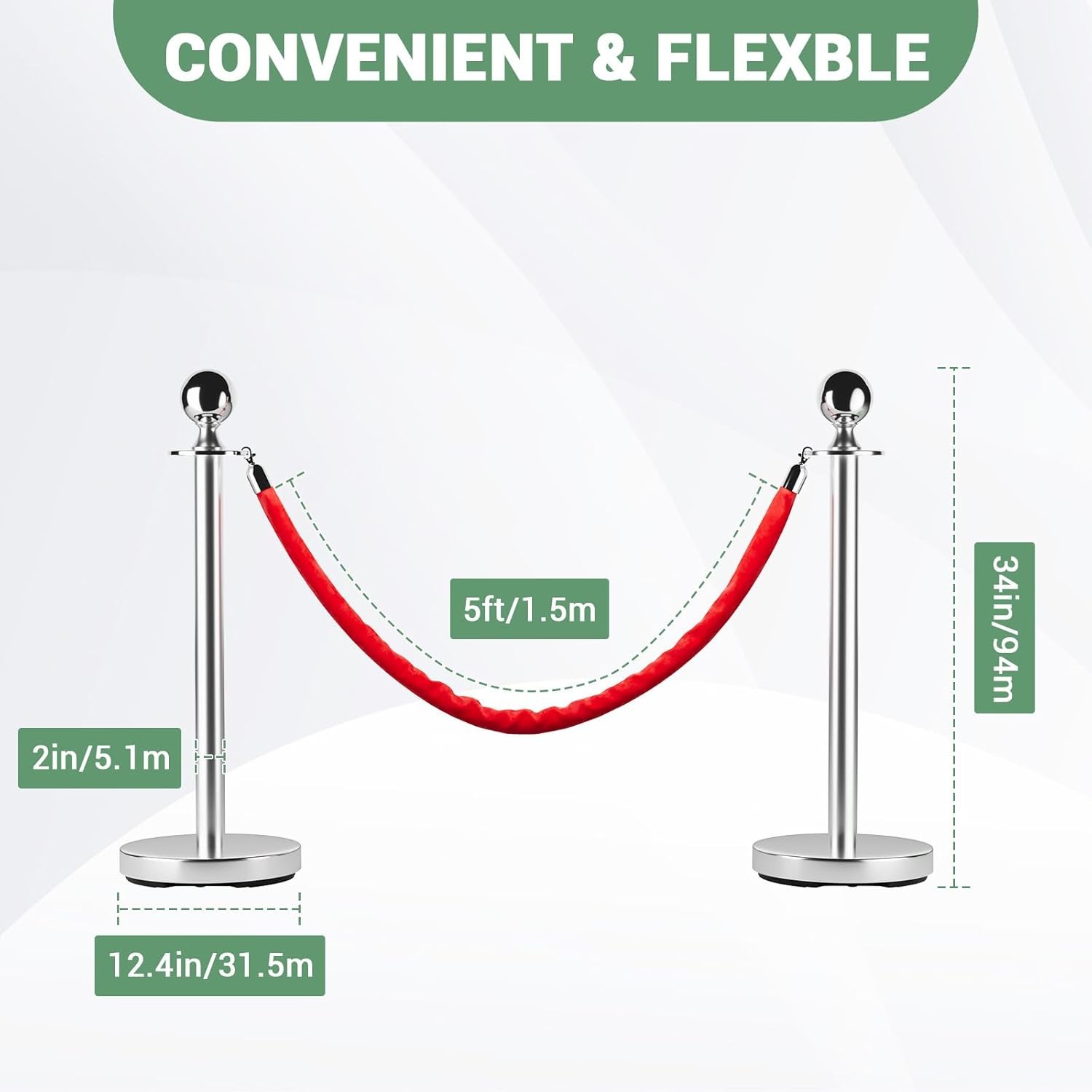 34 inch Stainless Steel Stanchion Posts with Red Velvet Ropes,8 Poles + 4 Cords