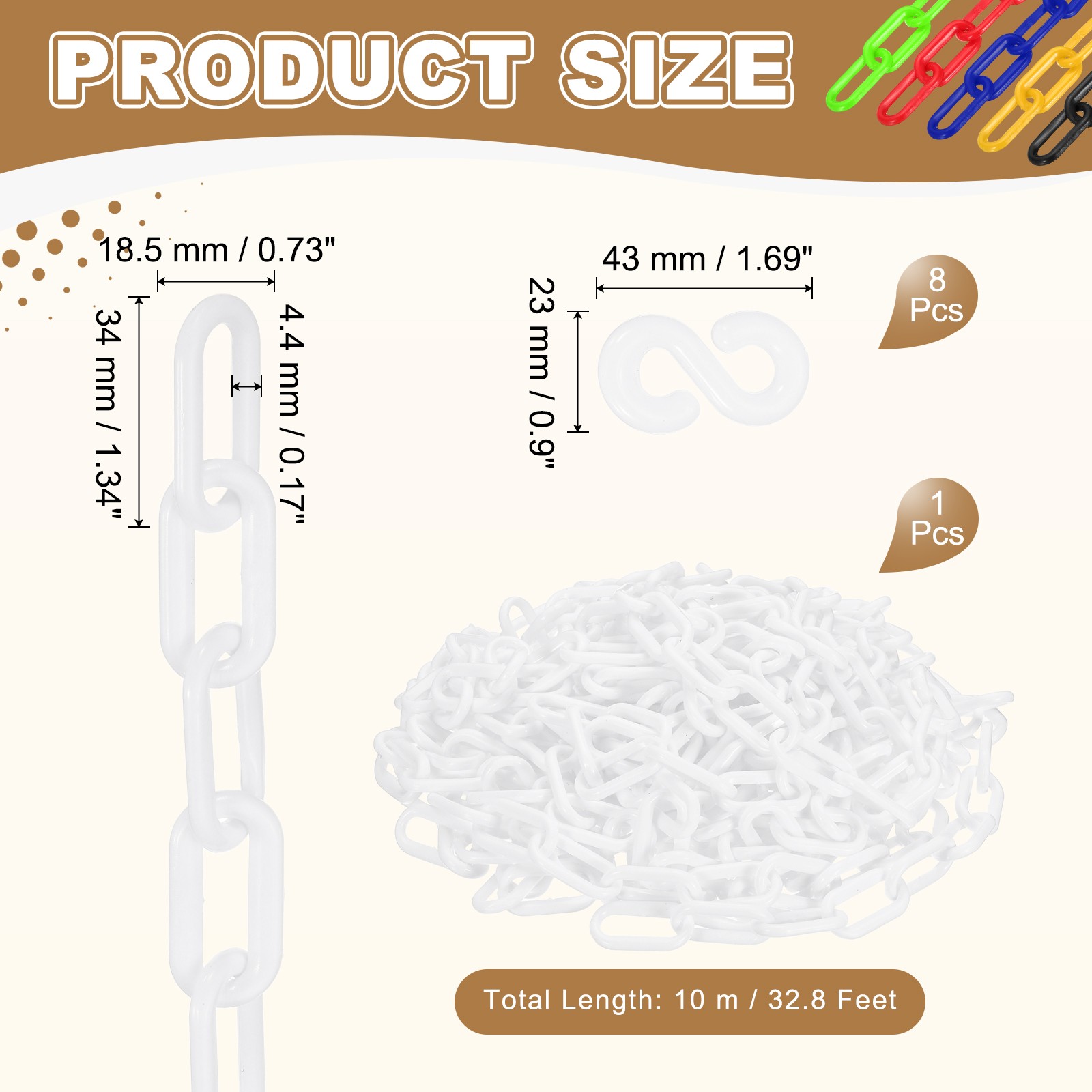 Barrier Chain, (32.8ft 0.7″ Dia., White), Plastic Safety Chain Links W S Hooks