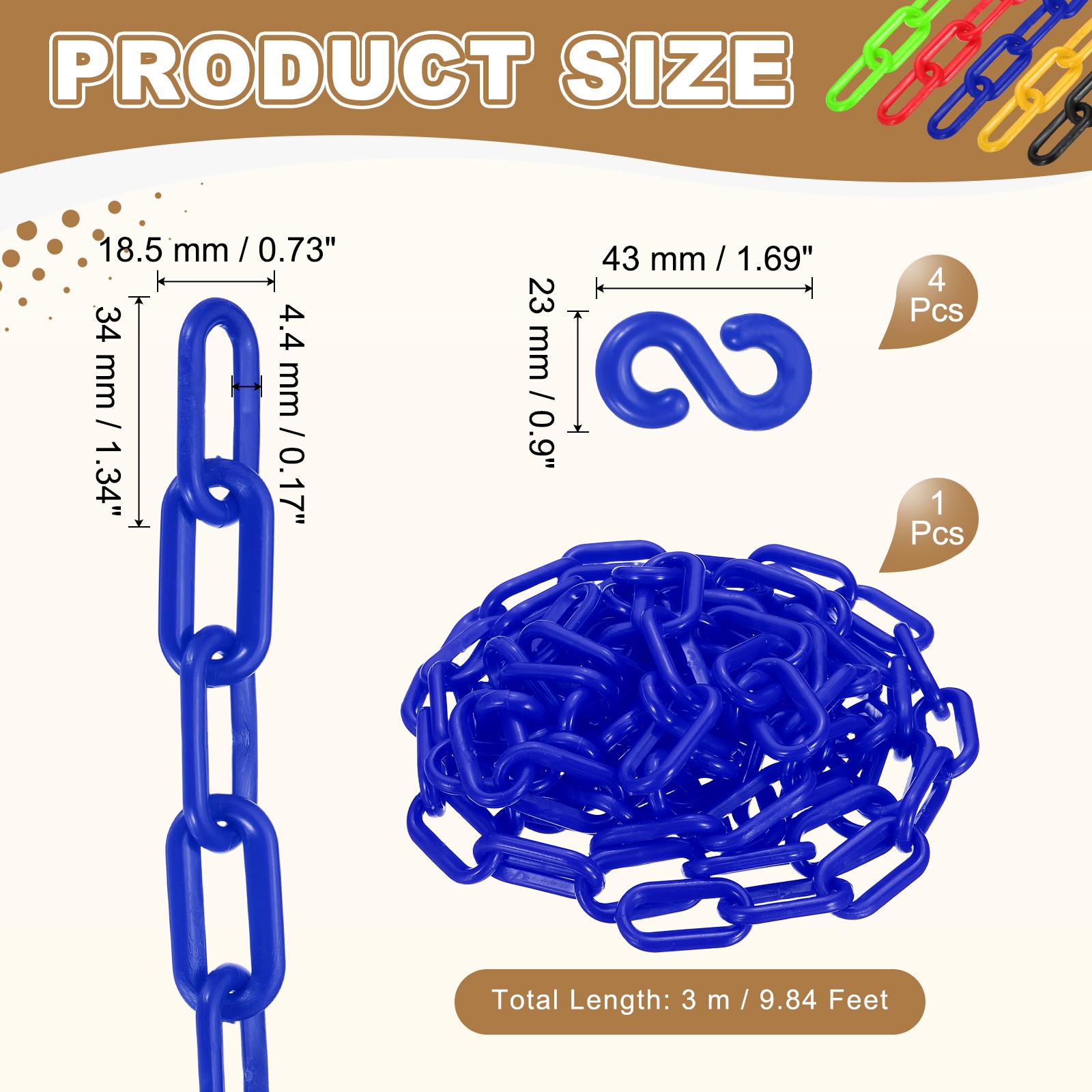 Barrier Chain, (9.8ft 0.7″ Dia., Blue), Plastic Safety Chain Links W S Hooks