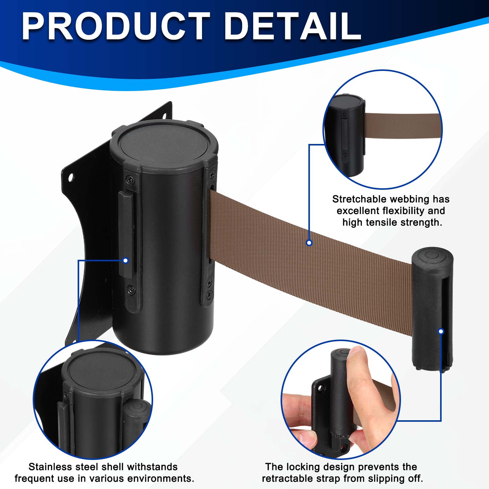 Fixed Wall Mount Retractable Belt Barriers (10 Feet, Brown) (1 Pcs)