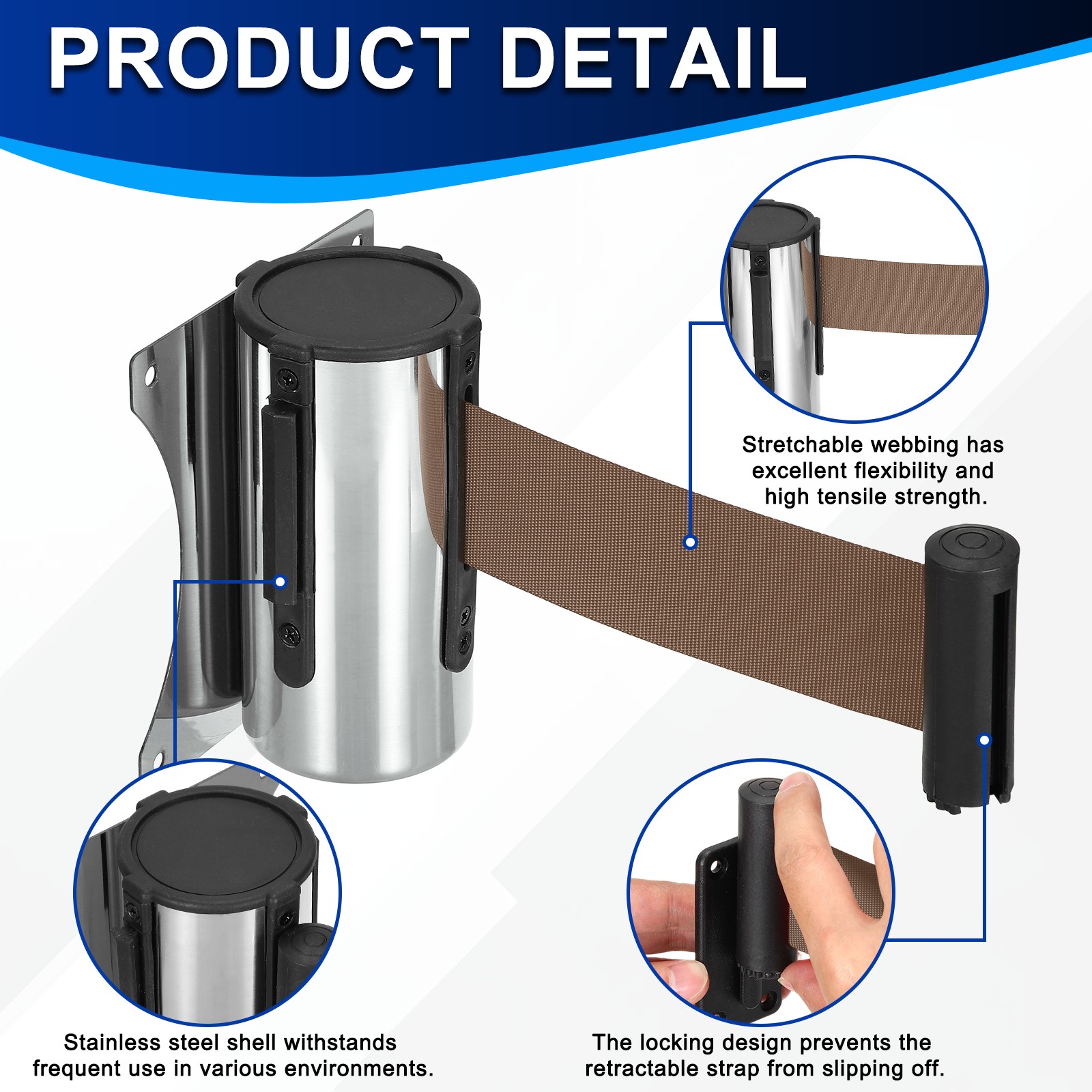 Fixed Wall Mount Retractable Belt Barrier (10 Feet, Brown) (1 Pcs)