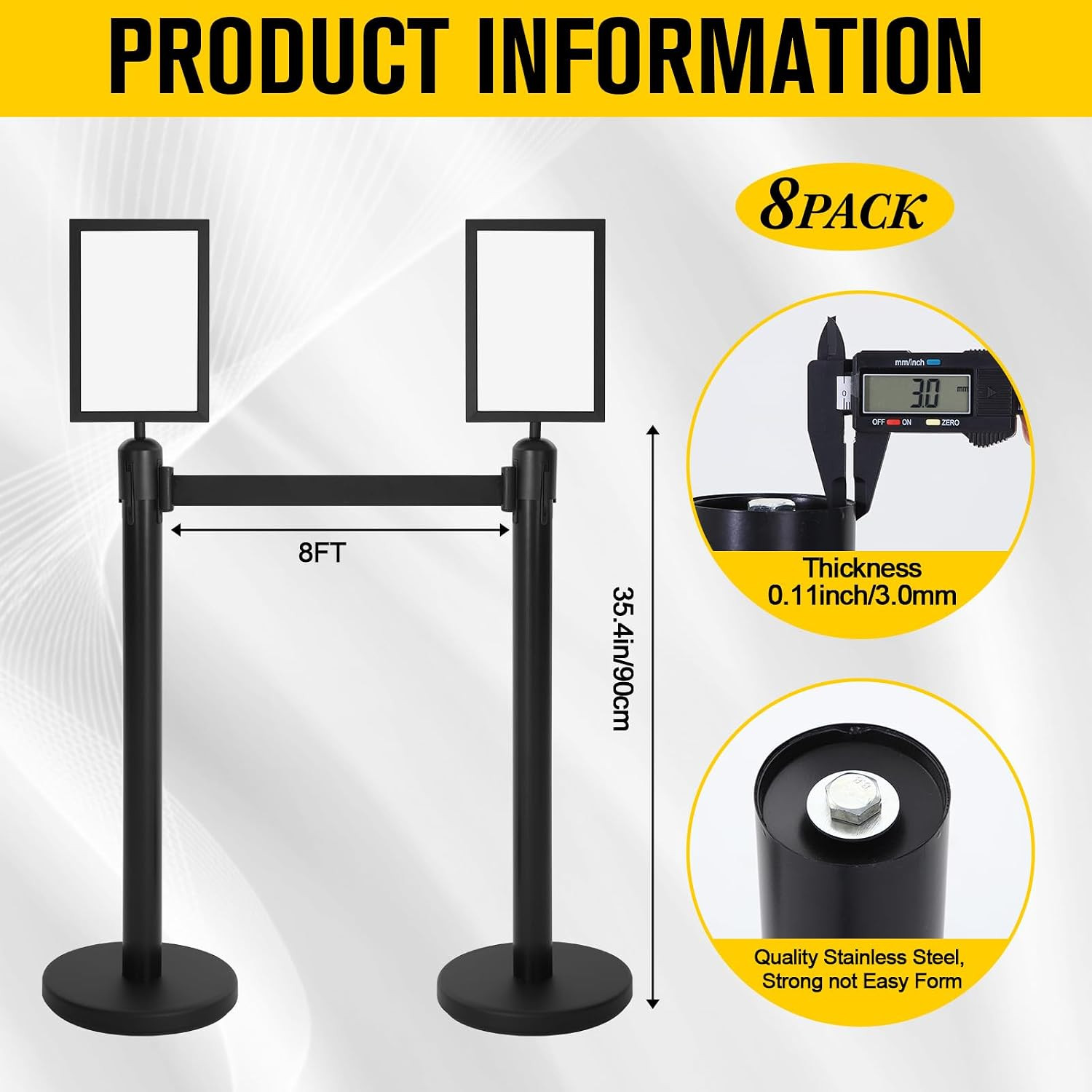 8 Pcs Stanchions with 8.2 Ft Retractable Belt Black Crowd Control Stanchions Set