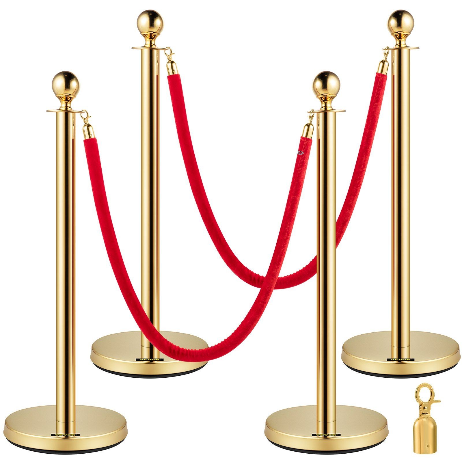 Queue Guide Posts Gold 38in 4 Pack with 5ft Red Flannel Rope Set