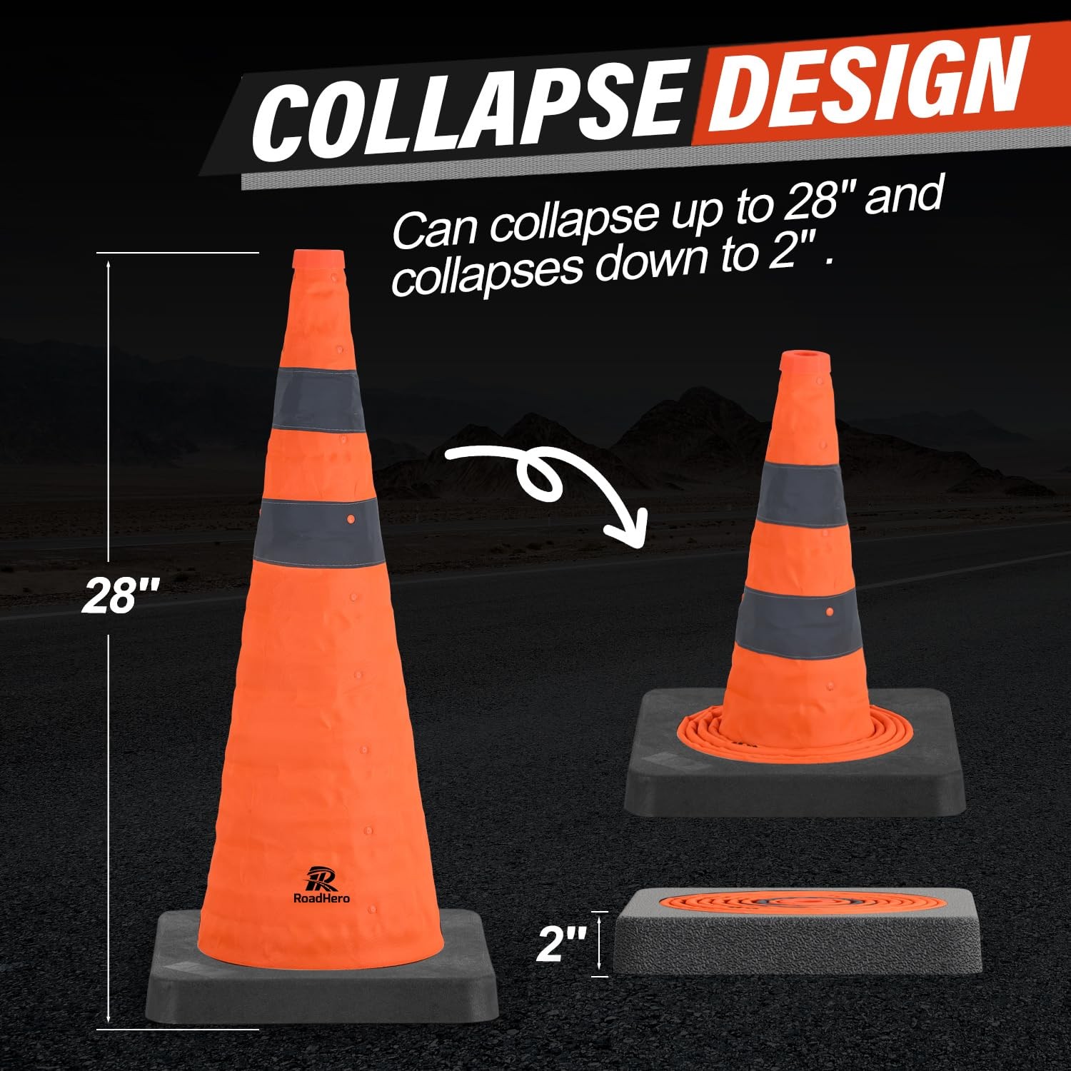 28 Inch Collapsible Traffic Safety Cones with Black Weighted Base, Constructi…