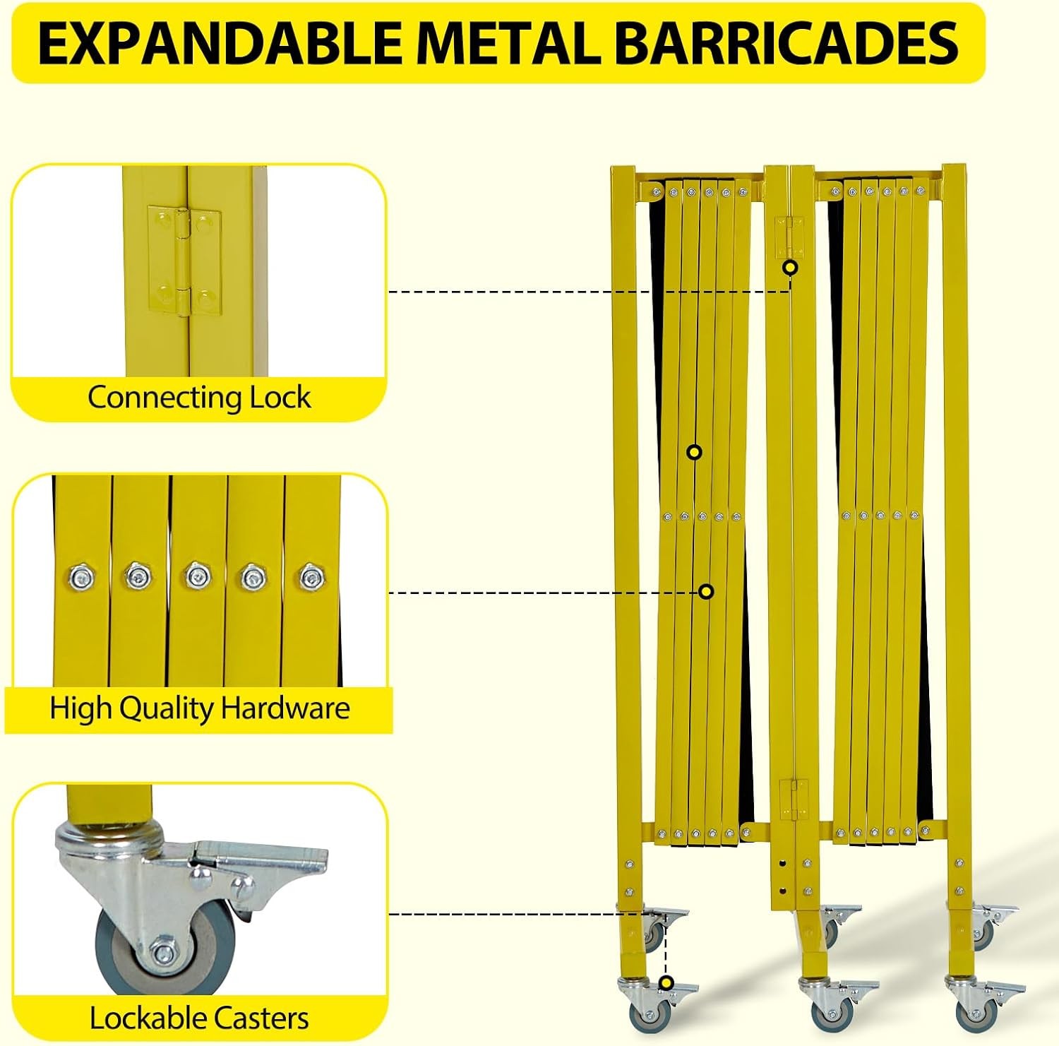 19.8×3.4ft Expandable Metal Barricade Safety Traffic Barrier W/ Casters Yellow