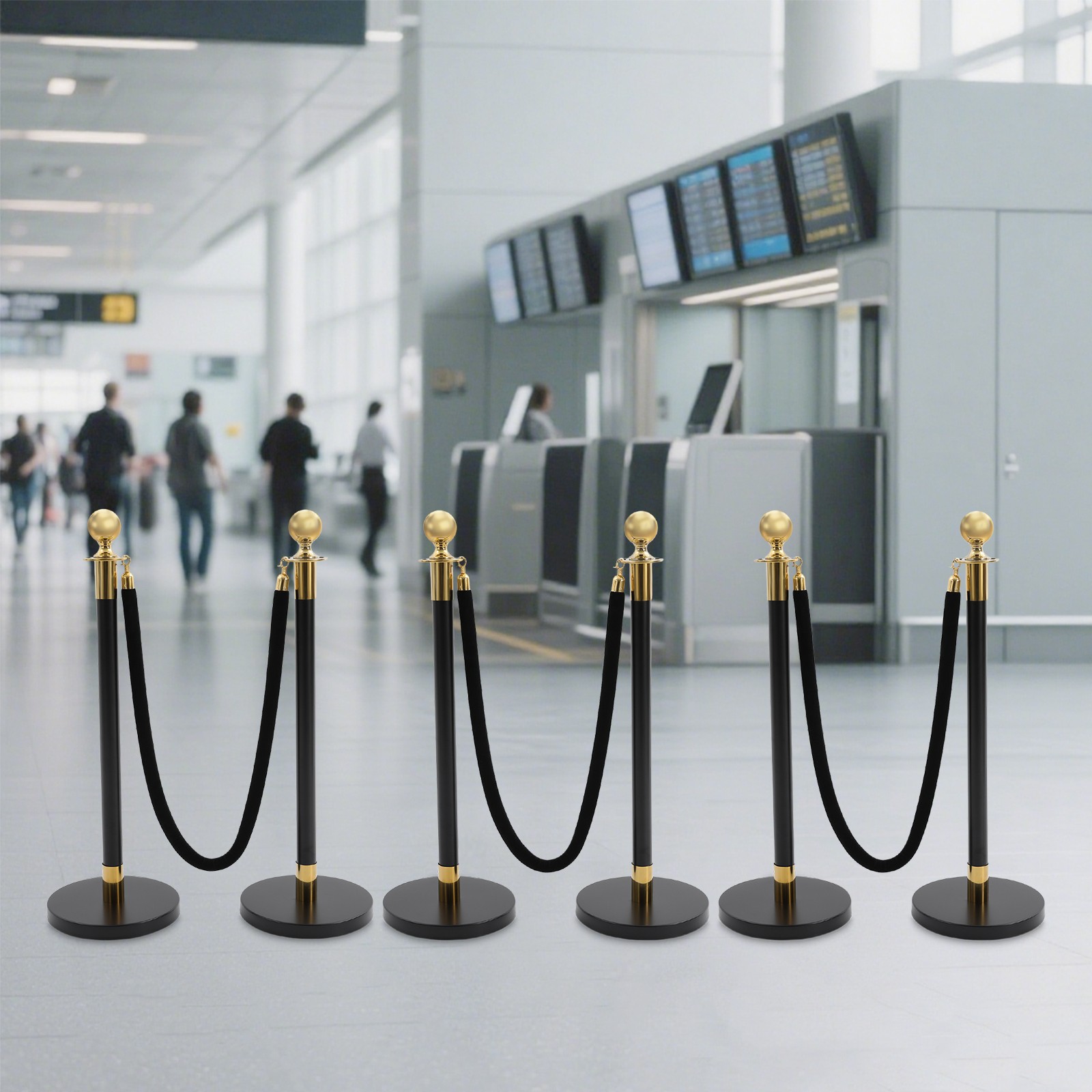 6 PCS Black Stainless Stanchion Posts with 4 Ropes Crowd Control Queue Barrier