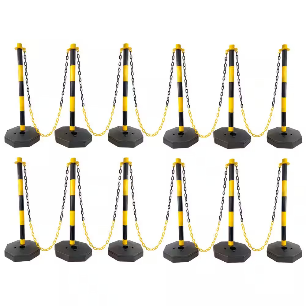 12-Pack Yellow/Black Plastic Safety Barrier Post W/Fillable Base,5Ft Plastic Cha