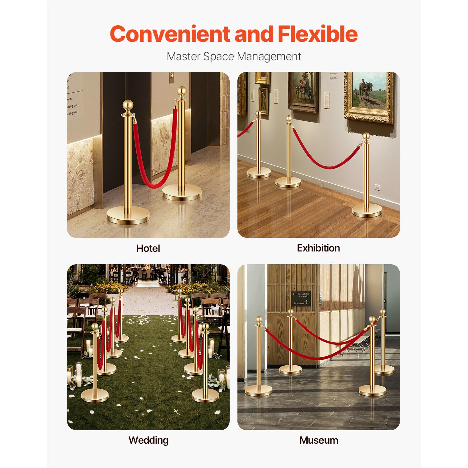 Uimoso 4 Pcs Gold Stanchion Post 2 Red Velvet Ropes Sand Injection Hollow Base