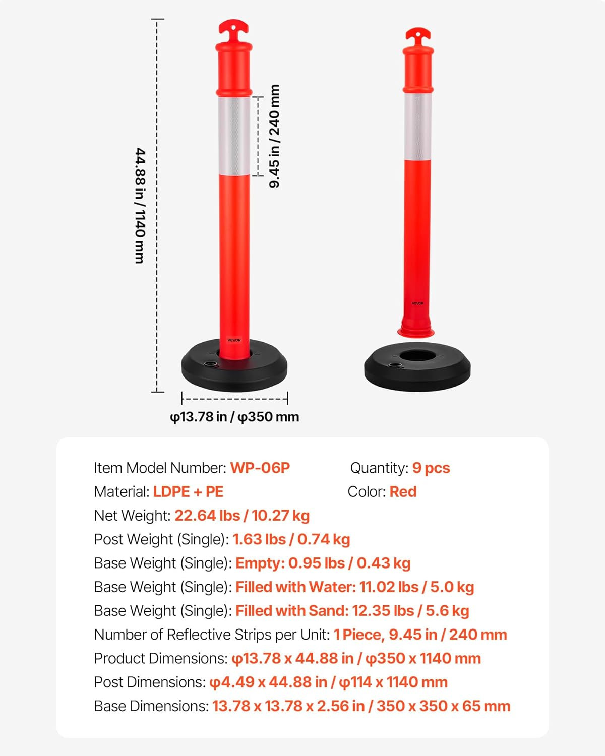 9 Pack 45″ Heavy Duty Traffic Delineator Posts with Reflective Strips – Red