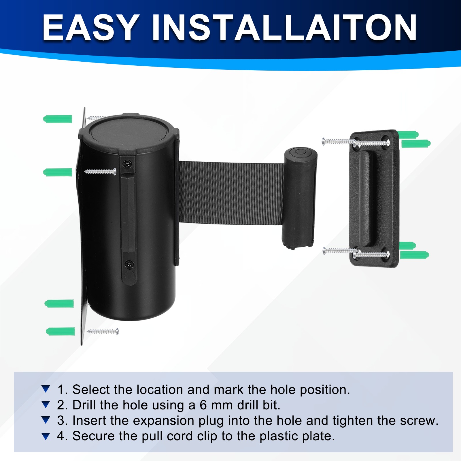 Fixed Wall Mount Retractable Belt Barriers (10 Feet, Black) (1 Pcs)