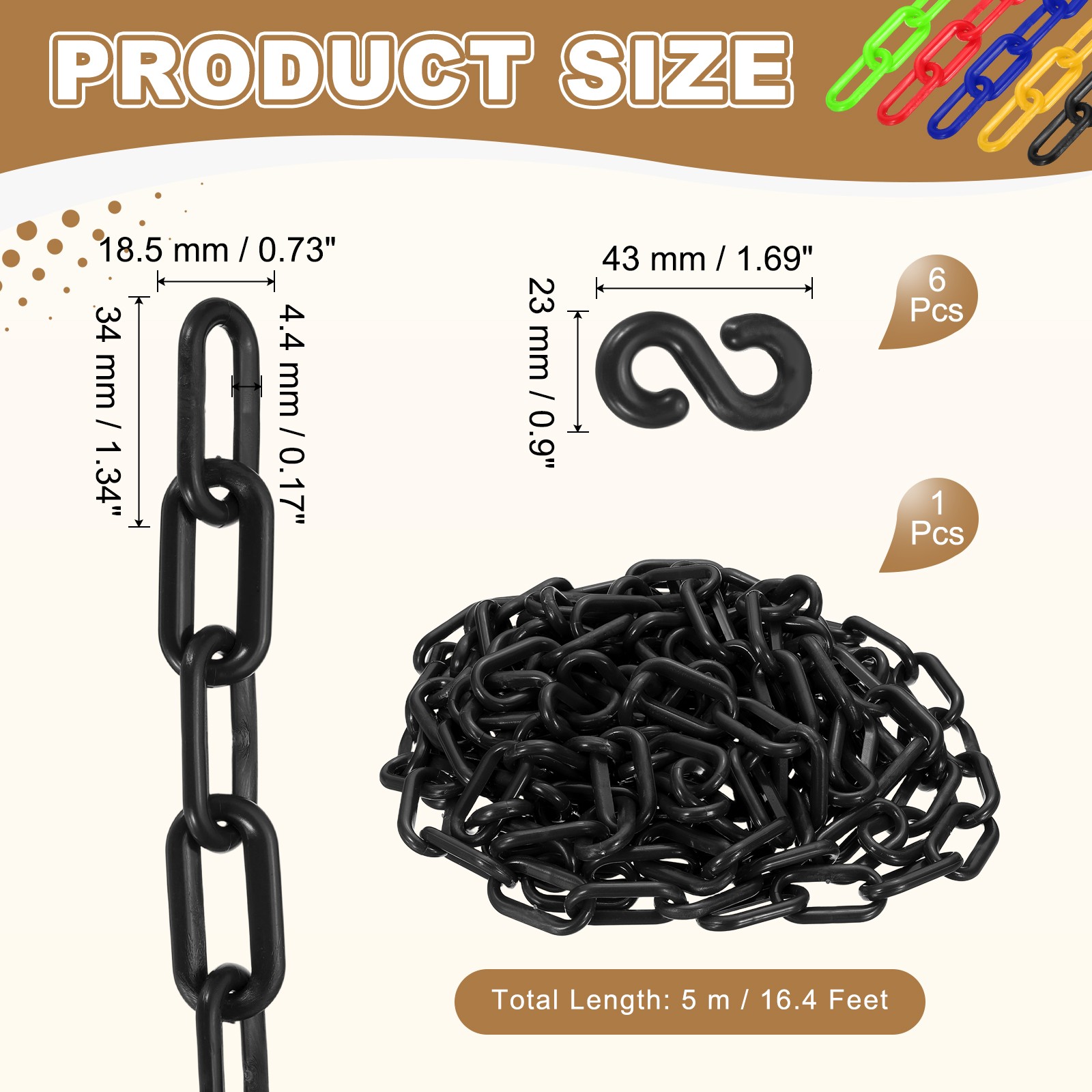 Barrier Chain, (16.4ft 0.7″ Dia., Black), Plastic Safety Chain Links W S Hooks