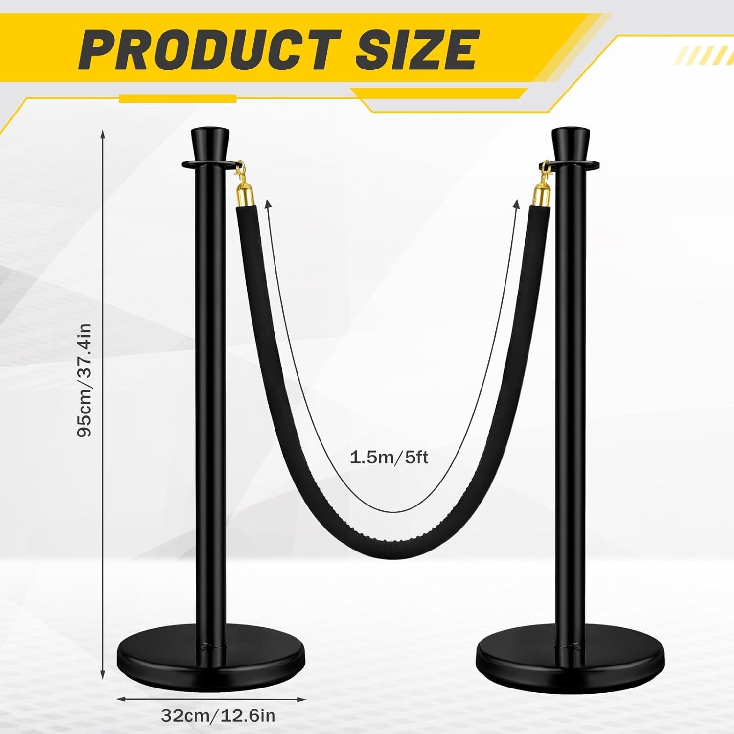 4PC 38″ Stainless Steel Stanchion Posts w/3PC Velvet Ropes Black