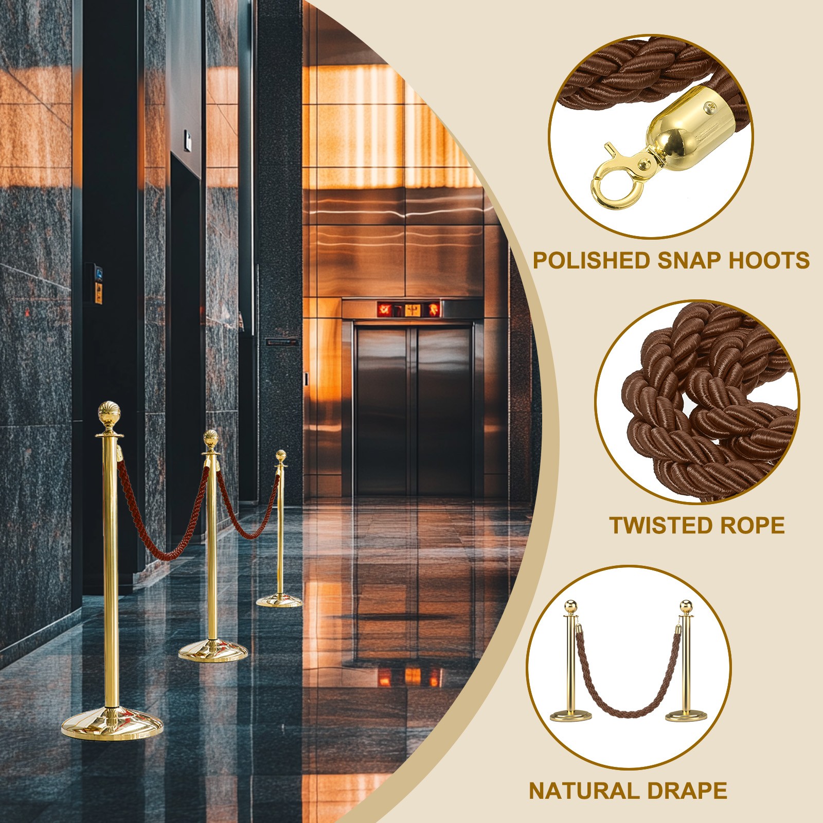 6.6 Ft/2 m Twisted Stanchion Rope Barrier Rope with Hooks Coffee Golden