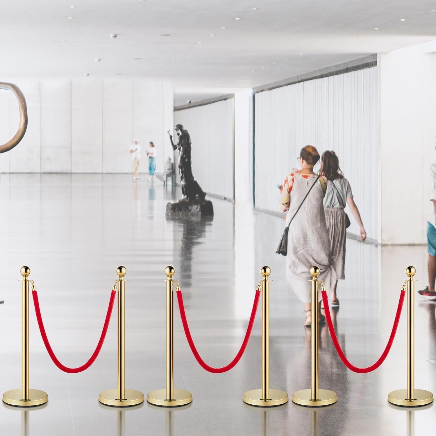 6 Pcs Stanchions with Heavy Concrete Base & Flannel Rope – Gold Finish
