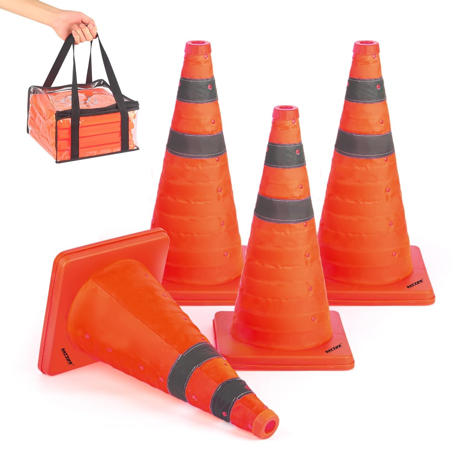 4 Pack 18″ Collapsible Traffic Safety Cones – Orange Reflective Pop-up Cones for