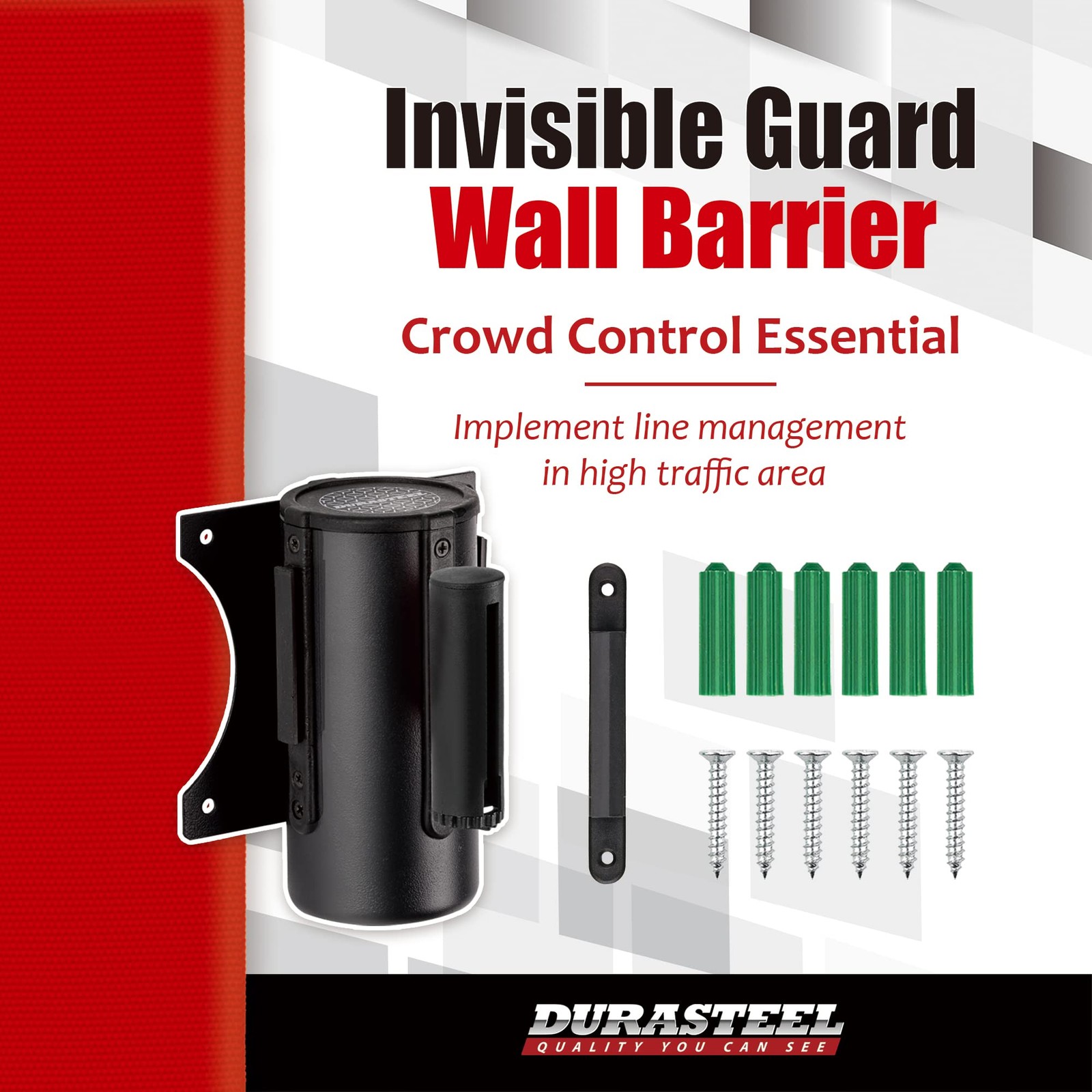 DuraSteel Wall Mount RED Retractable Belt Barrier 9.2 Ft Red Safety Belt Black