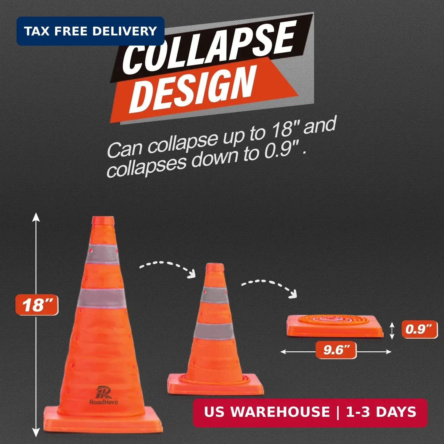 RoadHero 18 Inch 4 Pack Collapsible Traffic Safety Cones, Multi Purpose Pop-up C