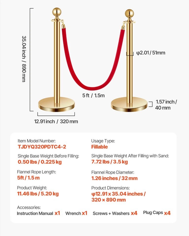 4Pcs Gold Stanchion Post Crowd Control Queue Barrier Sand Injection Base
