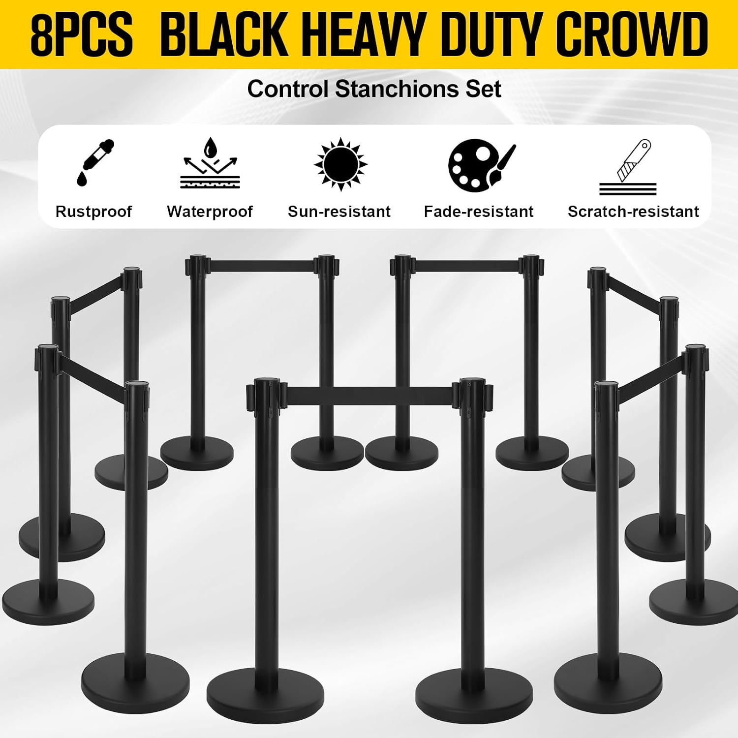 8 Pcs Stanchions with 8.2 Ft Retractable Belt Black Crowd Control Stanchions Set