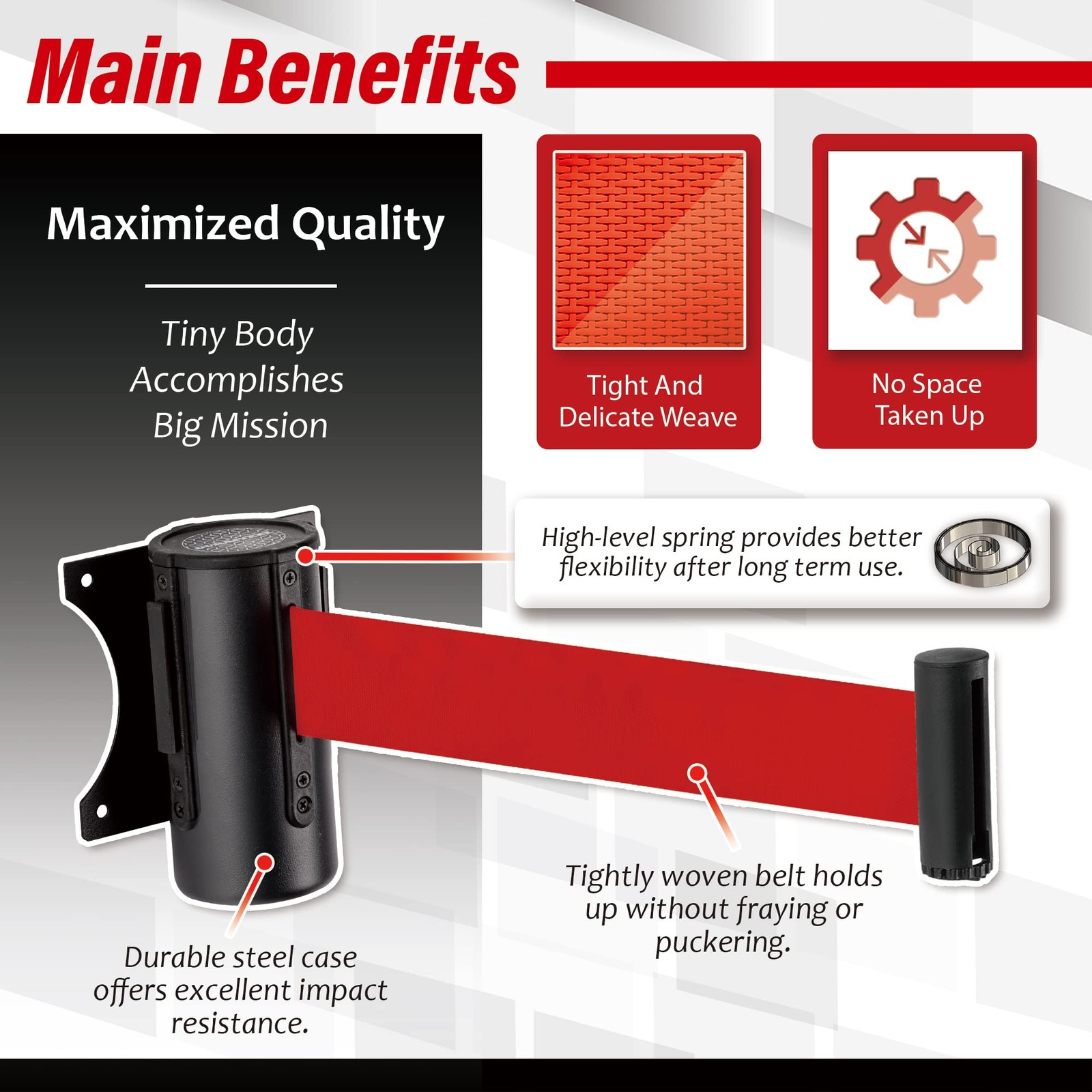 DuraSteel Wall Mount RED Retractable Belt Barrier 9.2 Ft Red Safety Belt Black