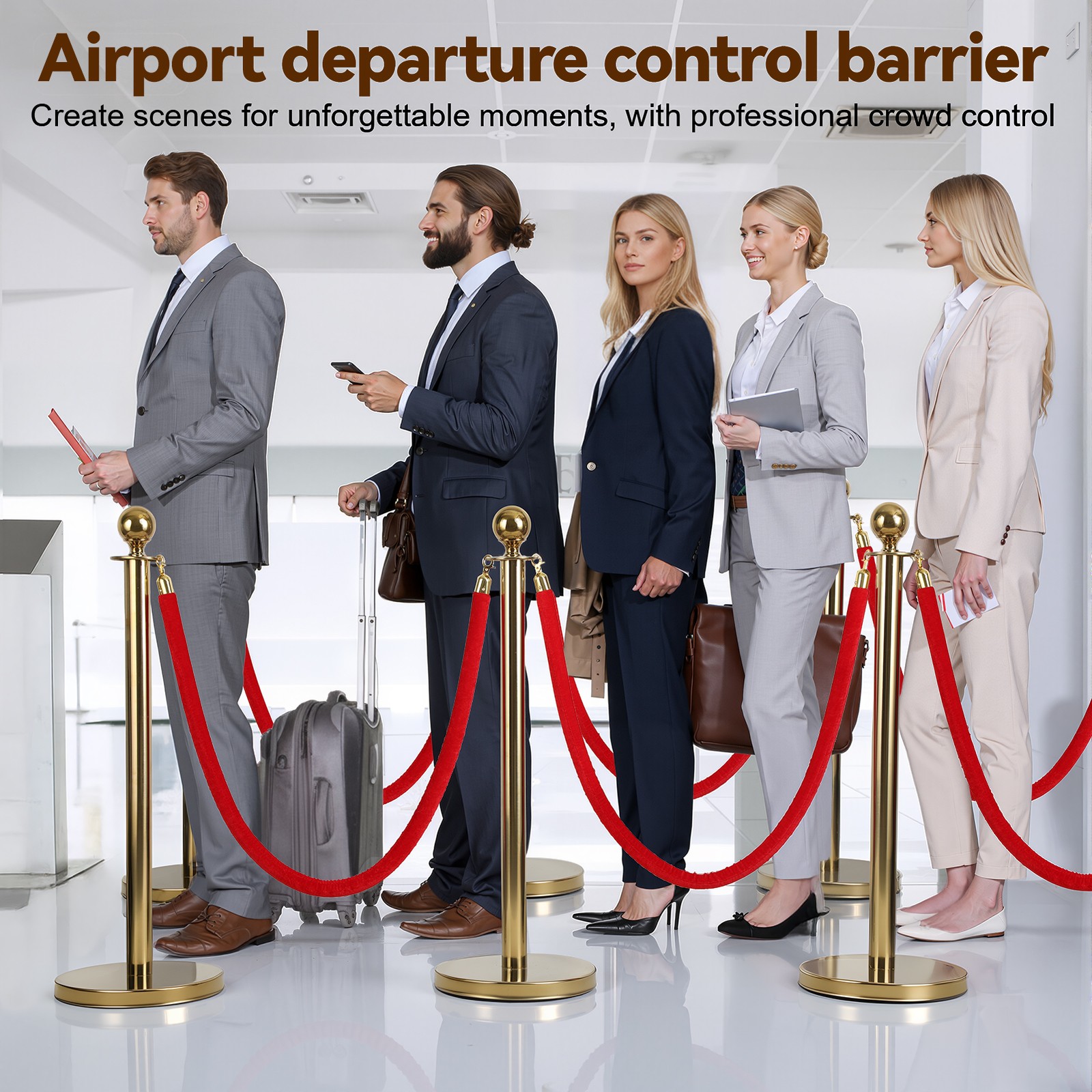 8Pcs Stanchion Post Queue Barrier Crowd Control Sand Base Gold with Velvet Ropes