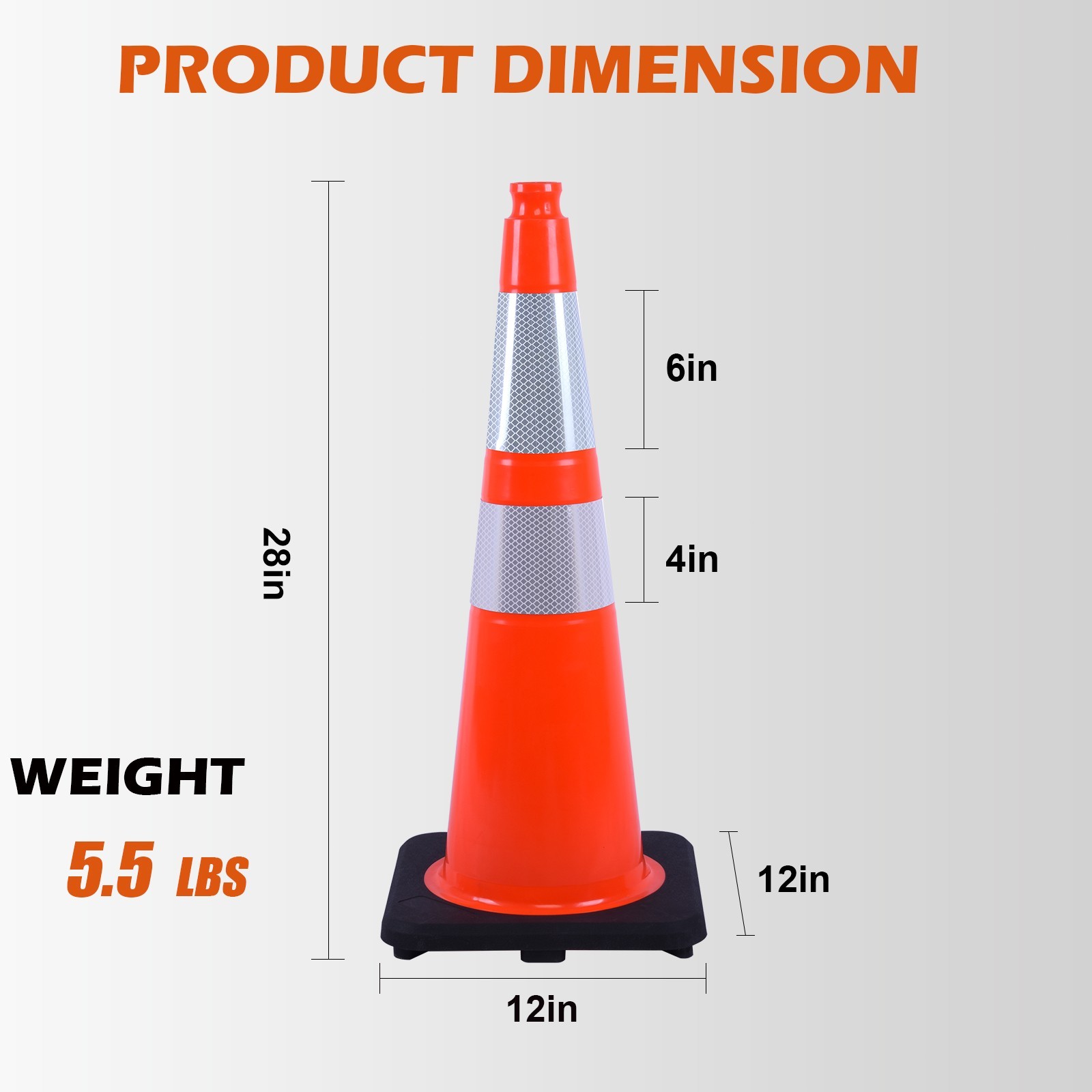 8PCS 28inch Orange Black Base Flexible PVC Traffic Cones with Reflective Collar