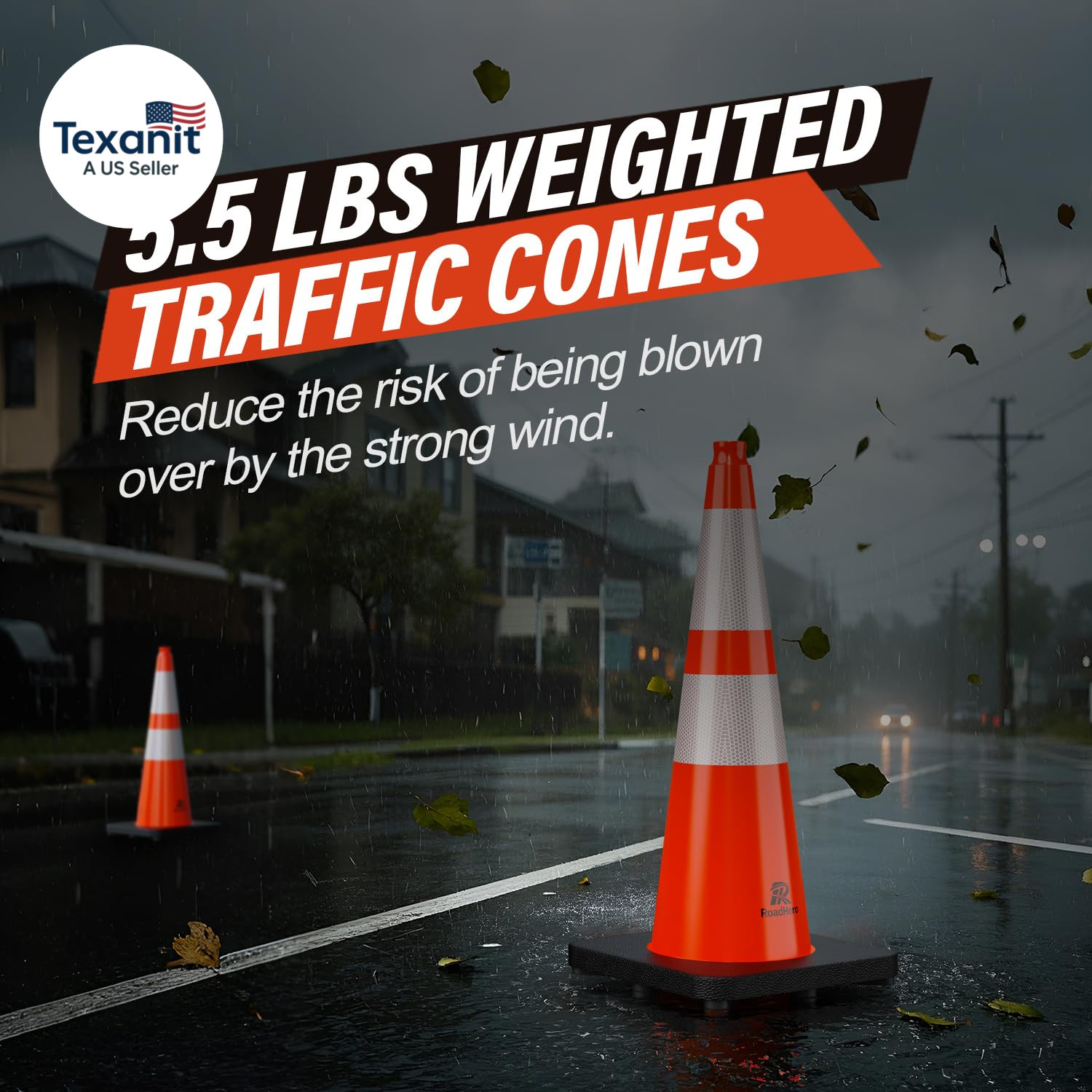 8 Pack 28 Inch 5.5 Lb Traffic Cones with Heavy Black Base, Orange Safety Cone wi