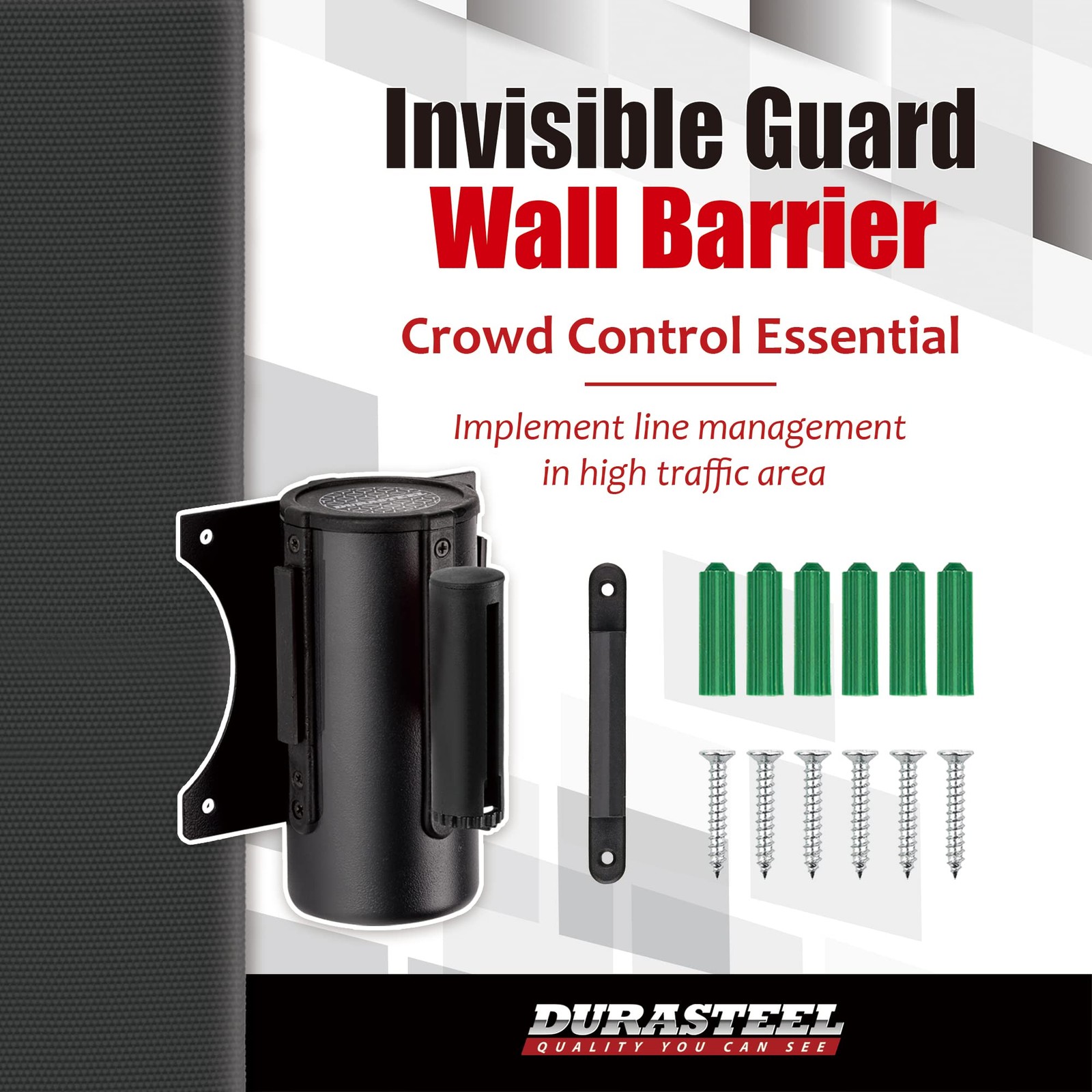 DuraSteel Wall Mount Crowd Control Retractable Belt Barrier – 9.2 Ft Black Re…