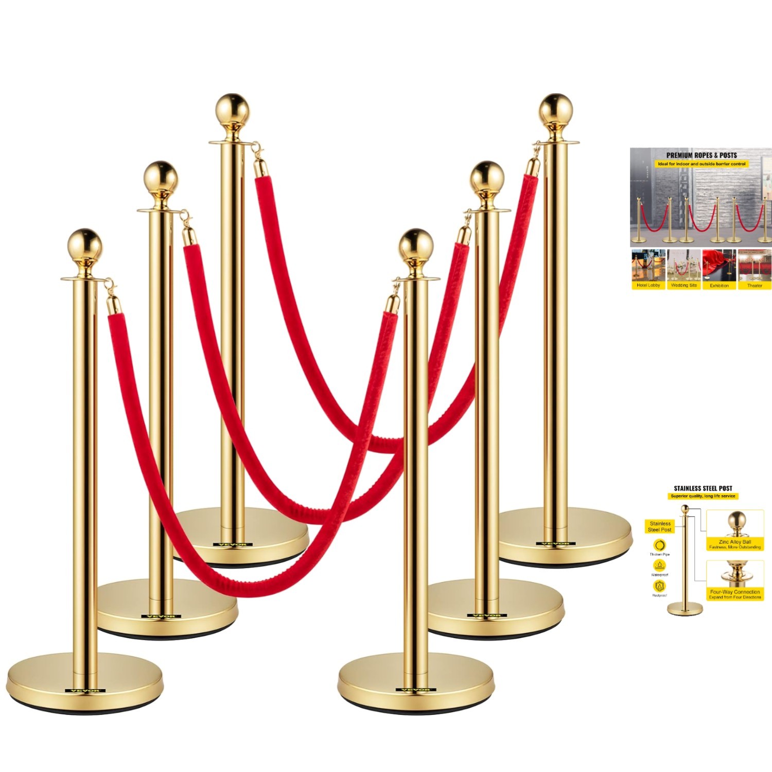 6 Pcs Stanchions with Heavy Concrete Base & Flannel Rope – Gold Finish