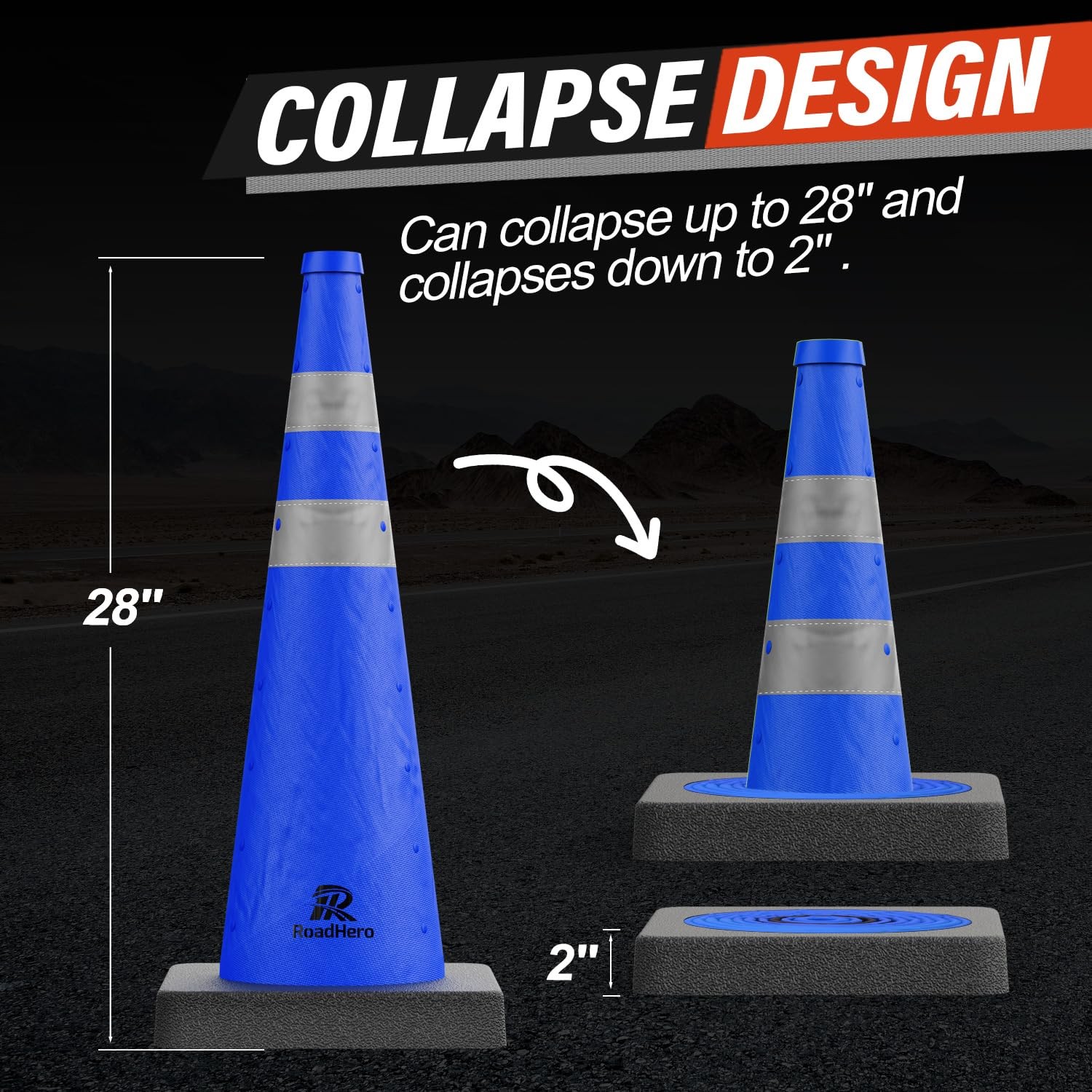 RoadHero 28 Inch Collapsible Traffic Safety Cones with Black Weighted Base, C…