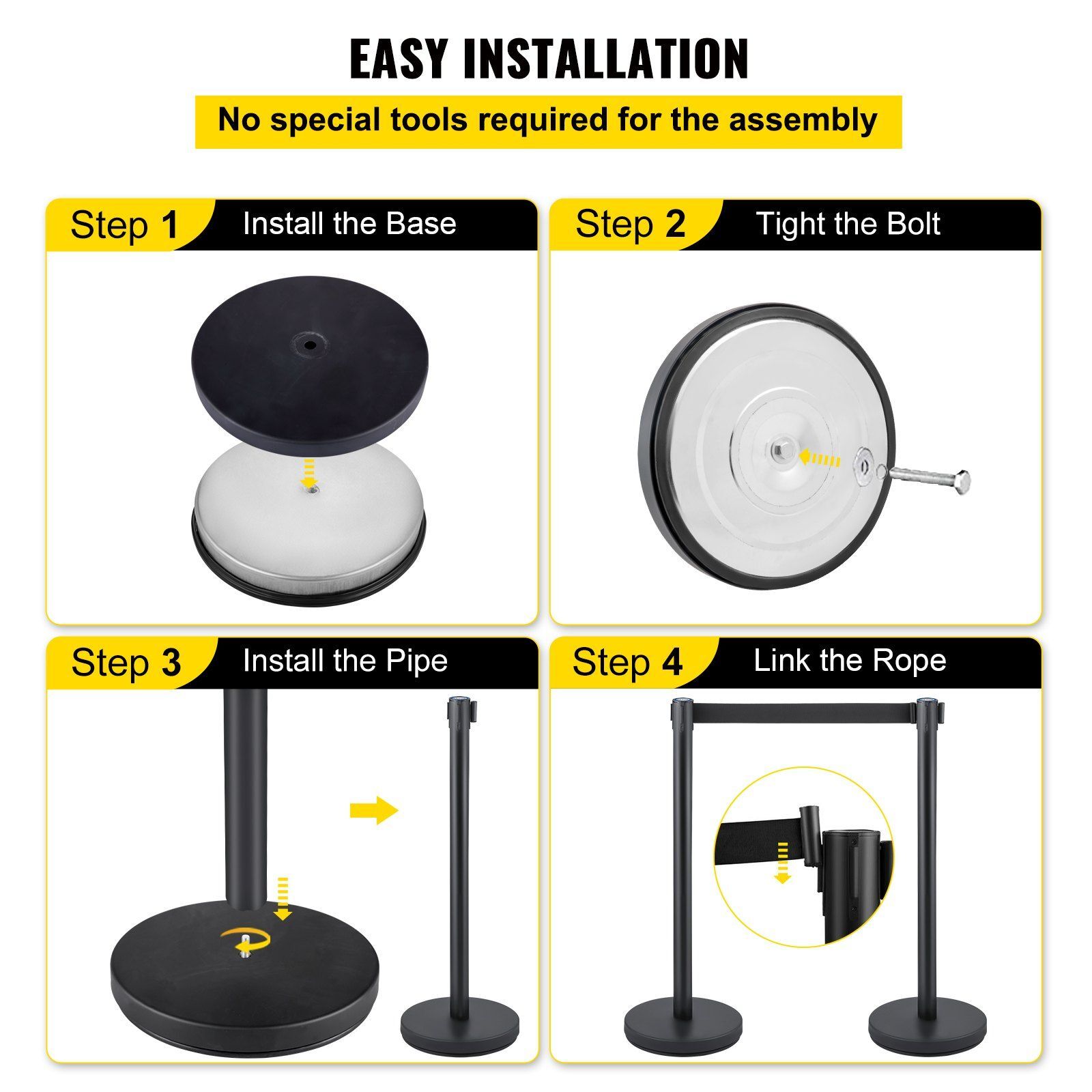6pc Crowd Control Stanchion Black Crowd Control Barrier w/6.6ft Retractable Belt