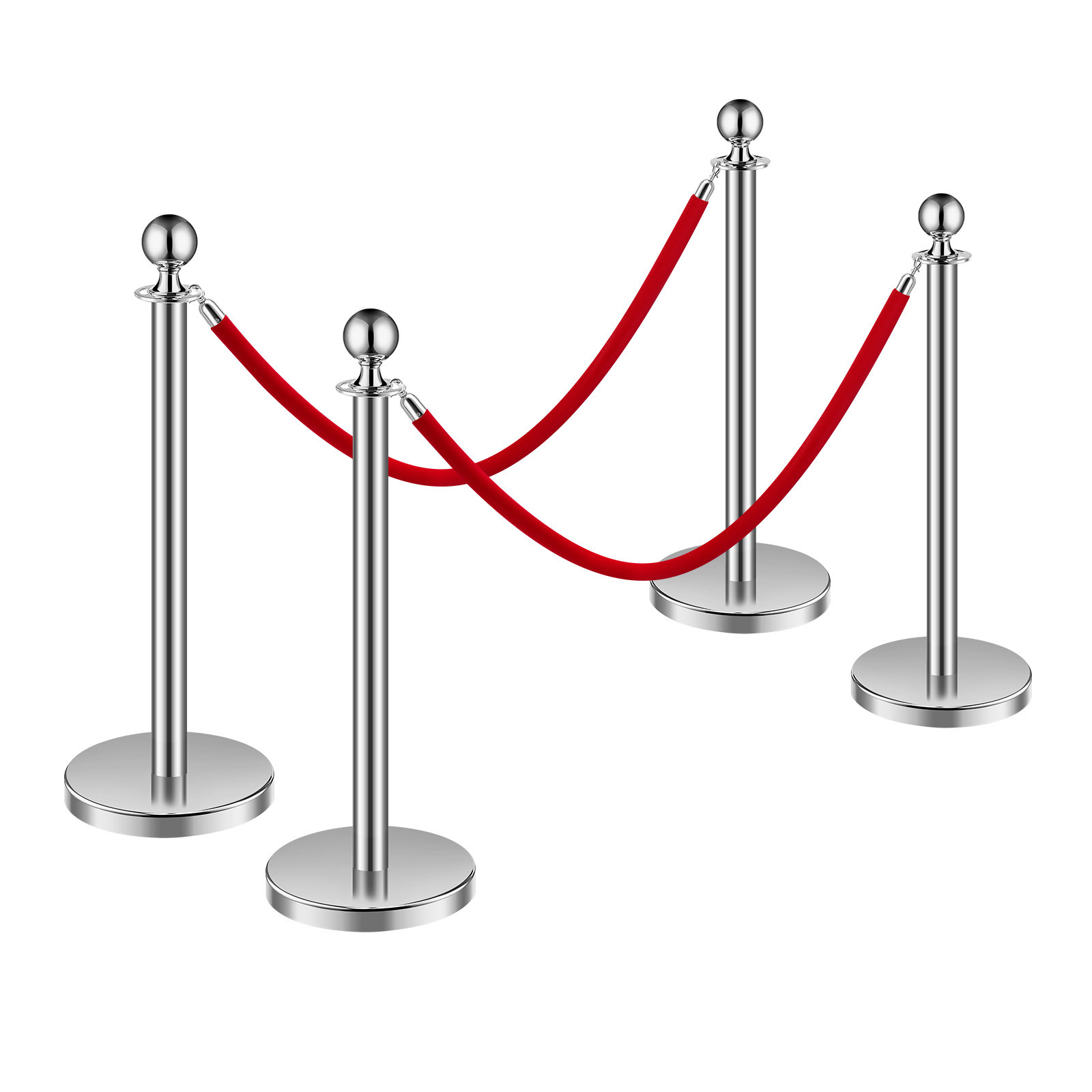 4 Pcs Silver Stanchion Post 2 Red Velvet Ropes Sand Injection Hollow Base