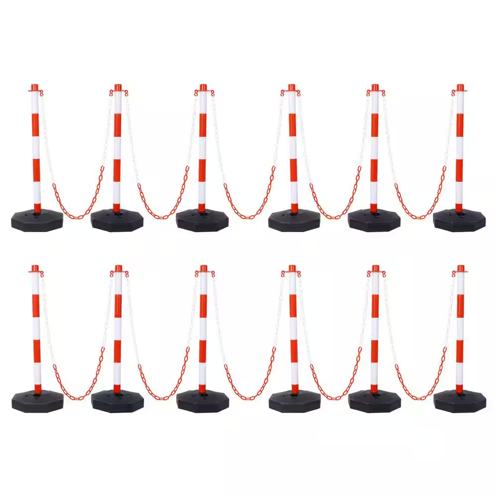 12-Pack White/Red Plastic Safety Barrier Post W/Fillable Base, 5 Ft. Plastic Cha