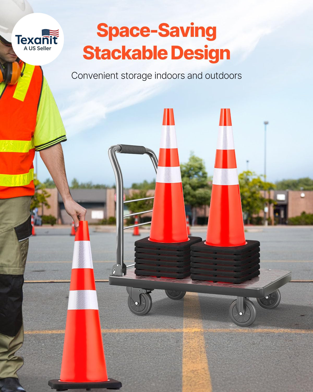 Safety Cones, 6 Pack 36″ Traffic Cones, PVC Orange Construction Cones with Refle