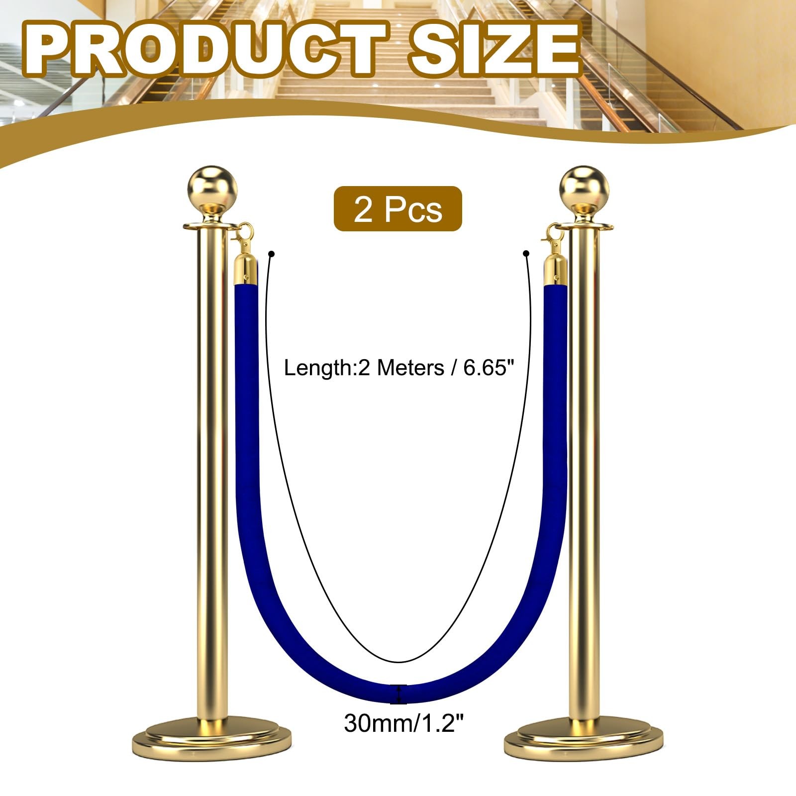 2 PCS 6.6 Ft Blue Velvet Stanchion Barrier Rope with Snap Hooks