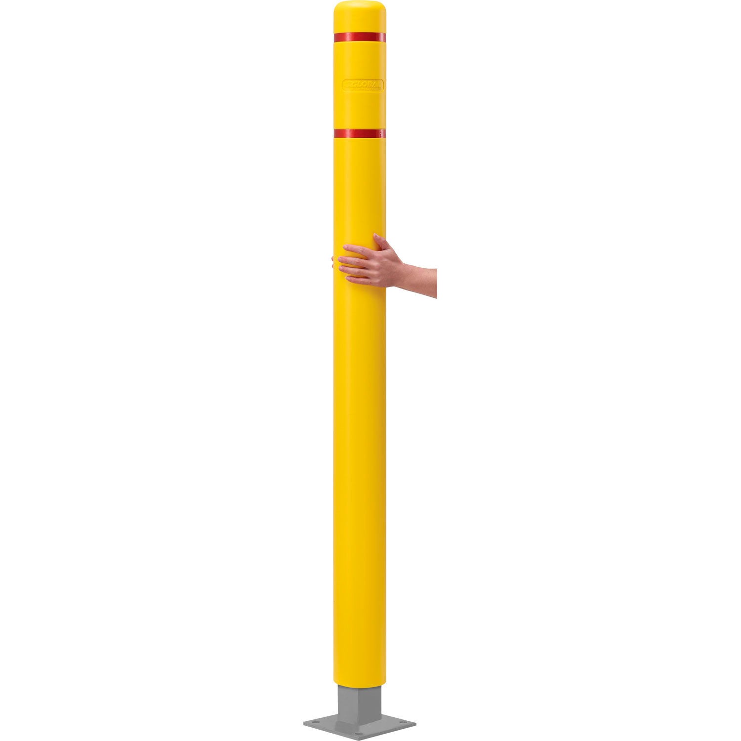 Global Industrial Bollard Post Sleeve 4″ D x 64″ H Yellow With Red Tape HDPE