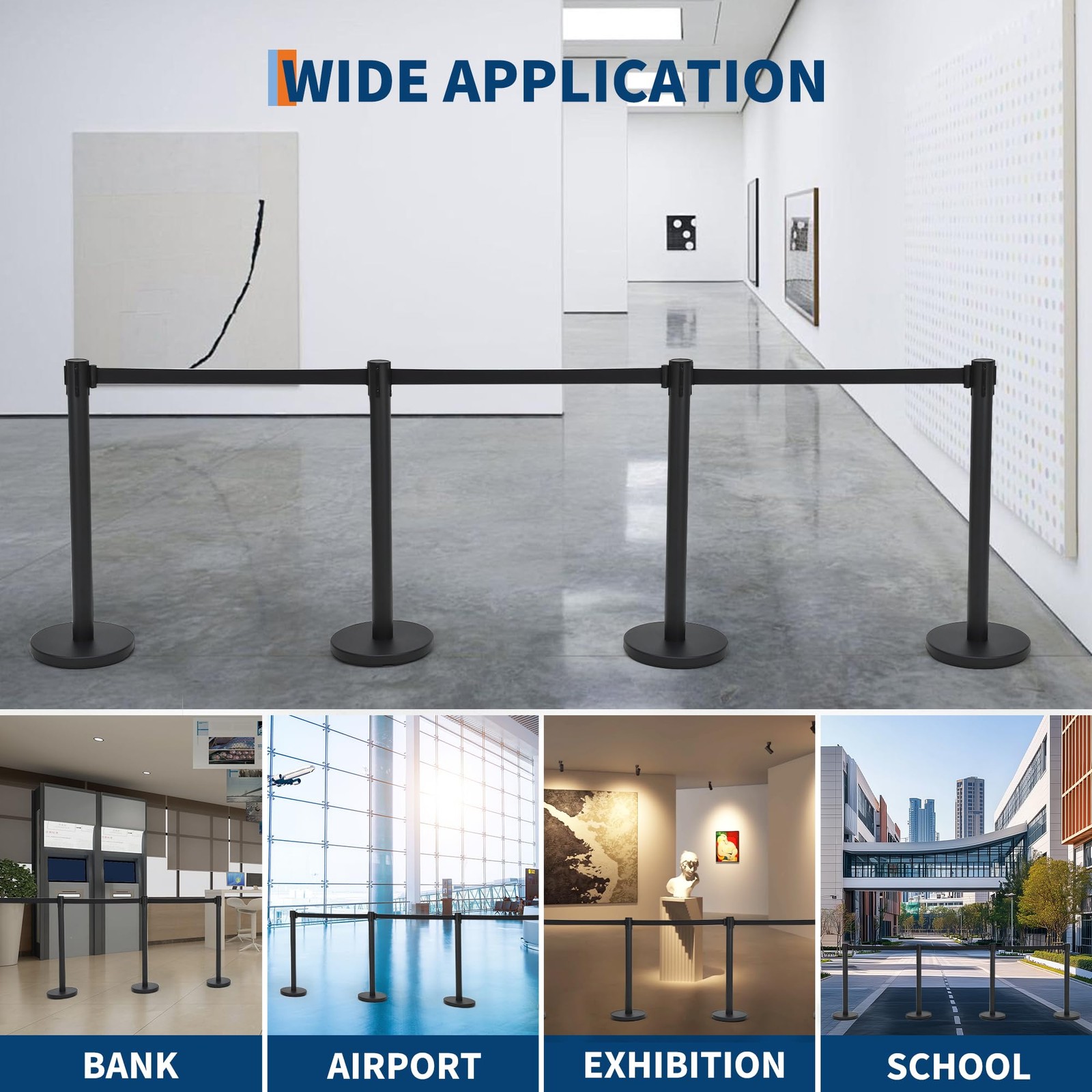 Crowd Control Set, 2 Pack Black Stanchions with 6.6Ft Sturdy Retractab Stanchion