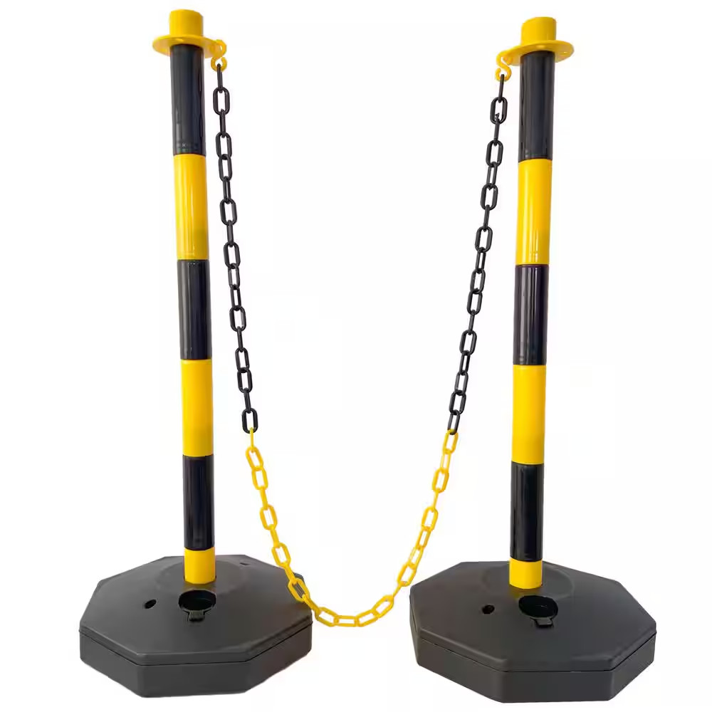 4-Pack Yellow/Black Plastic Safety Barrier Post W/Fillable Base,5Ft Plastic Chai