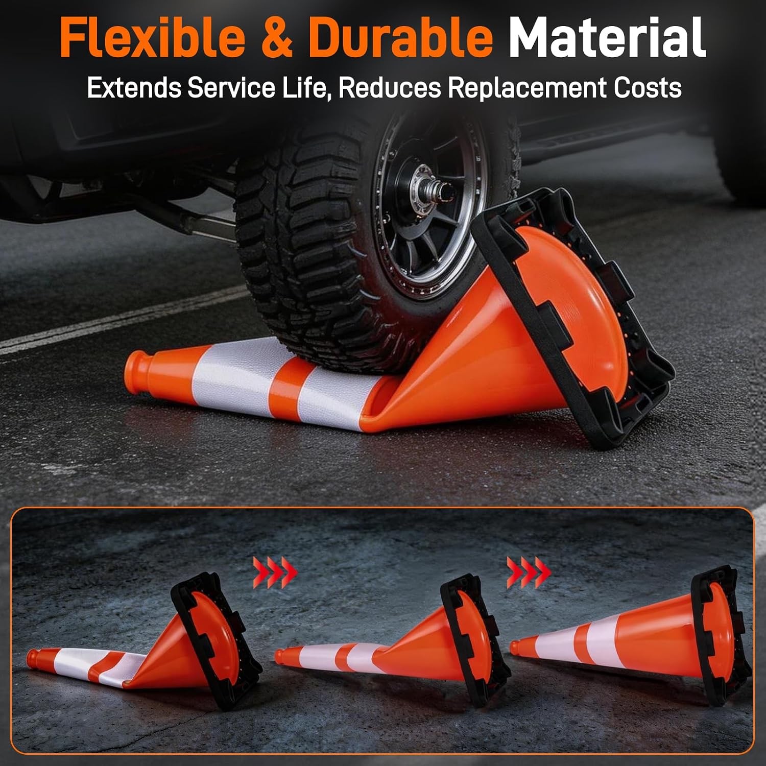 28 Inch Traffic Cones W/ 7 Lb Black Base & Reflective Collars Durable