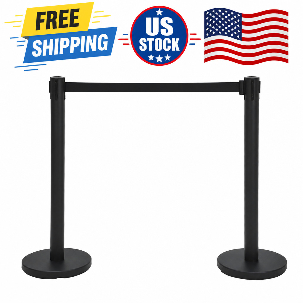 Crowd Control Set, 2 Pack Black Stanchions with 6.6Ft Sturdy Retractab Stanchion