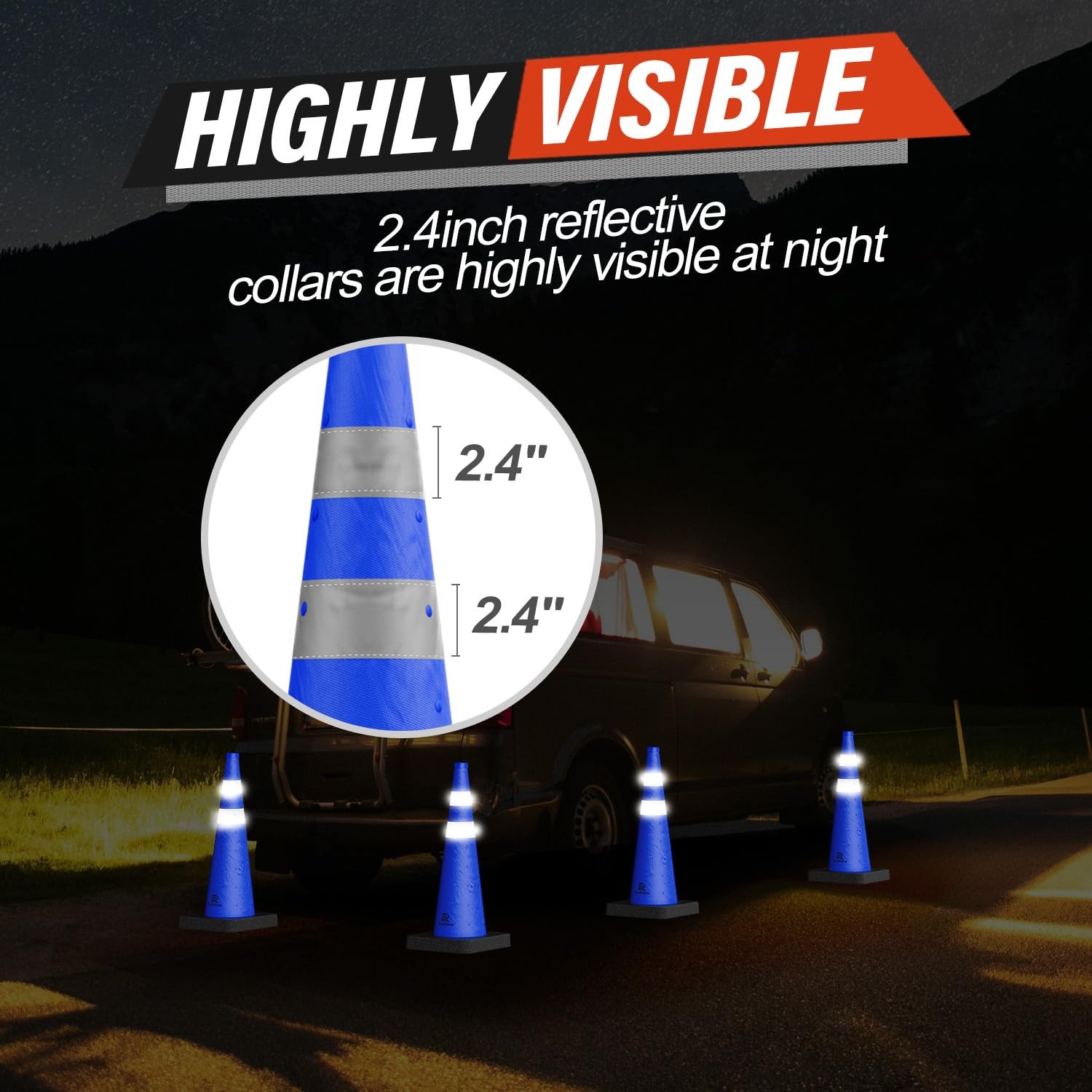 RoadHero 28 Inch Collapsible Traffic Safety Cones with Black Weighted Base, C…