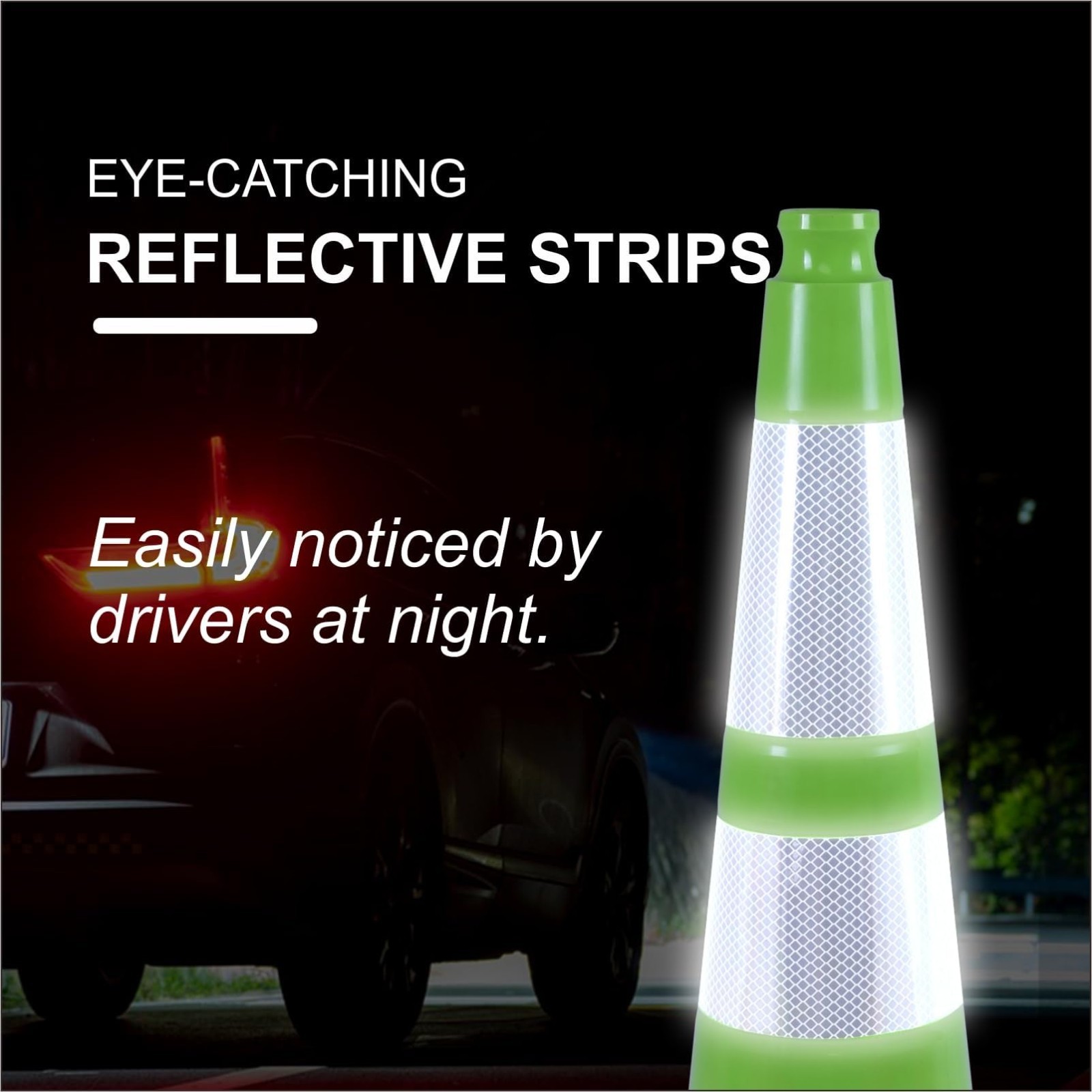 Green 12/18/28/36” Flexible Black Base PVC Traffic Cone with Reflective Collar