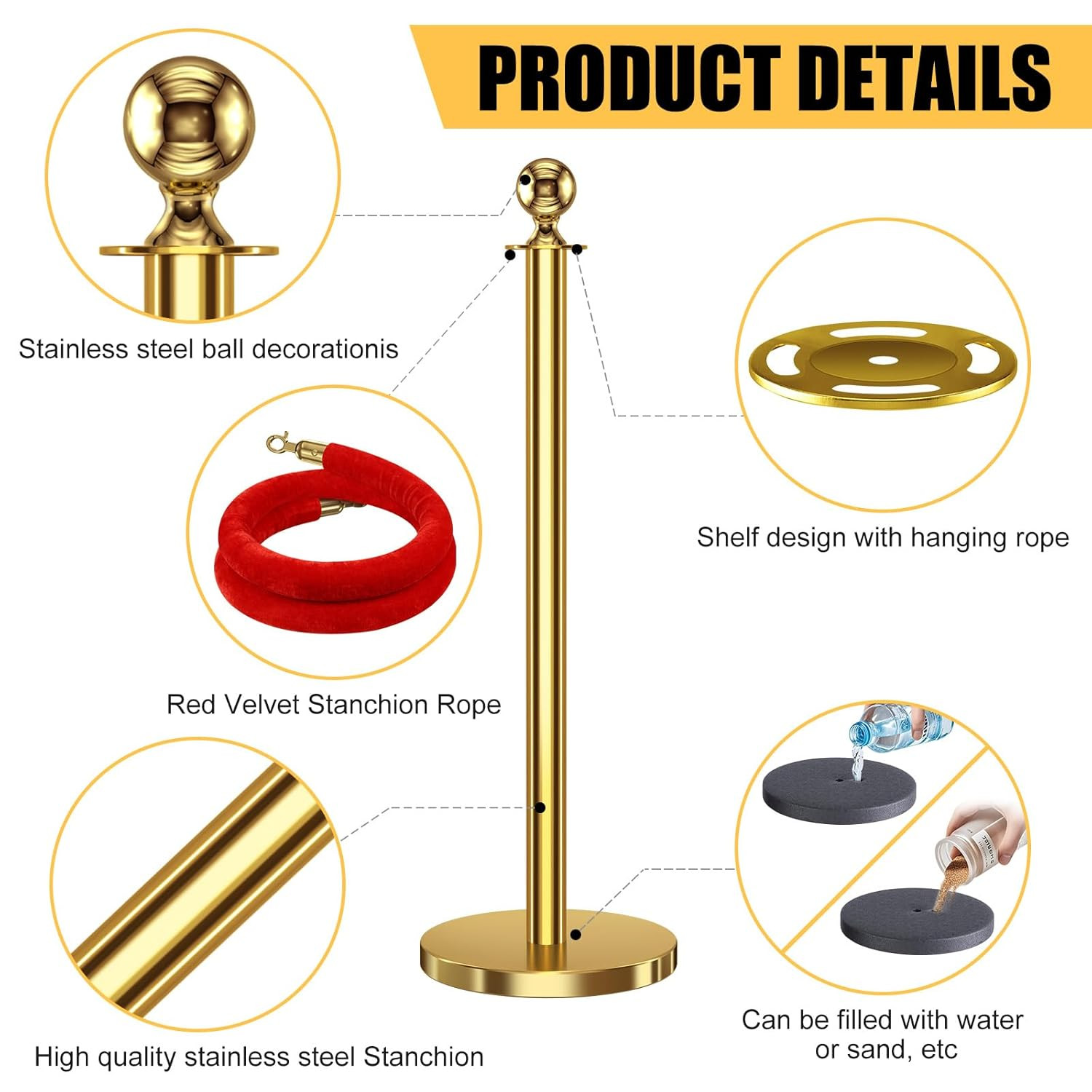 4Pcs Golden Stanchions with Red Velvet Ropes for Party & Photo Booth Decor