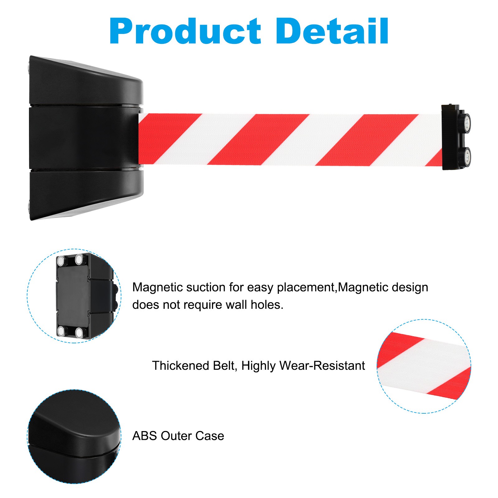 16.4Ft Magnetic Retractable Belt Barrier, Red White Belt, Black Case