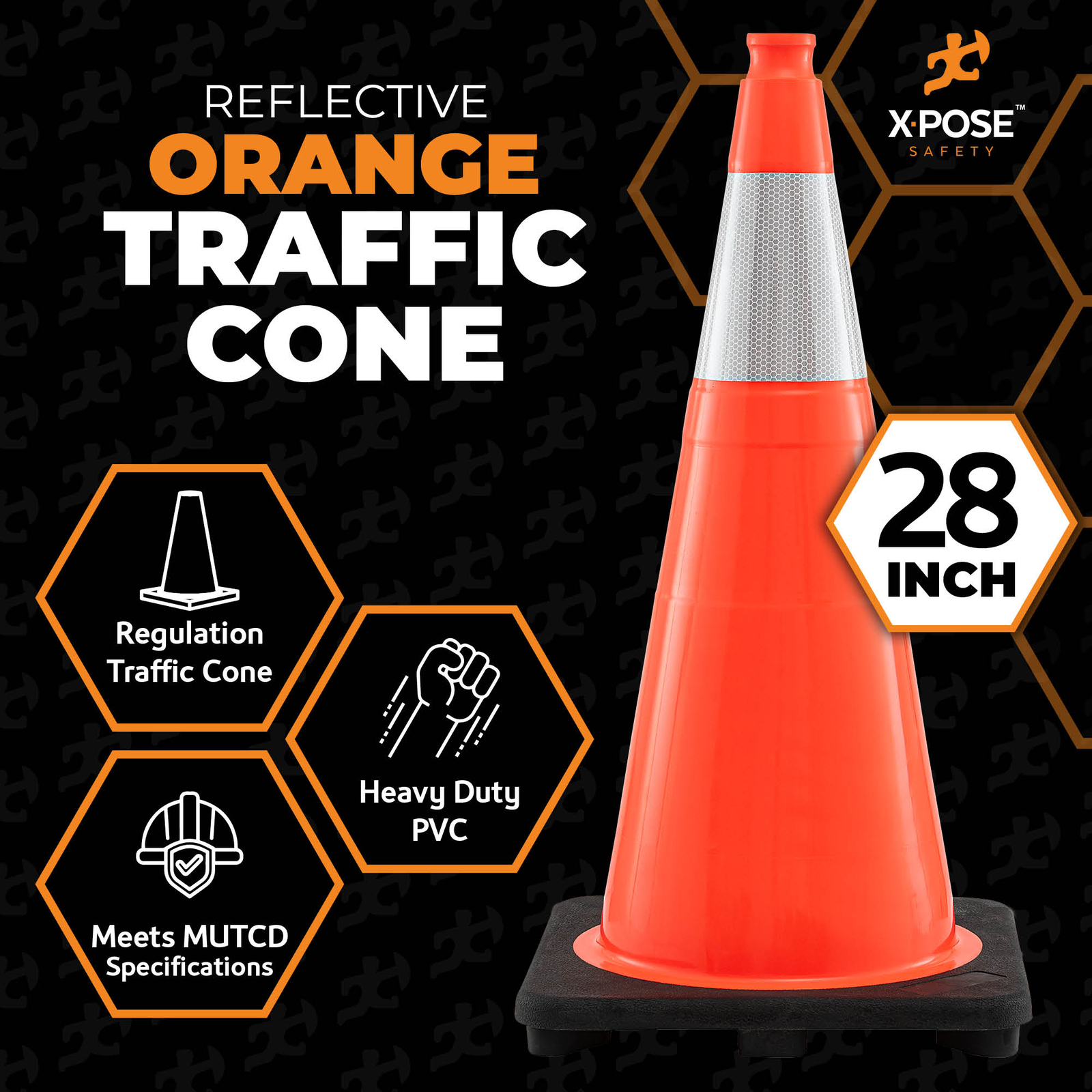 28 Inch Orange Traffic Cones with 6″ Collar – PVC Plastic Safety Cone